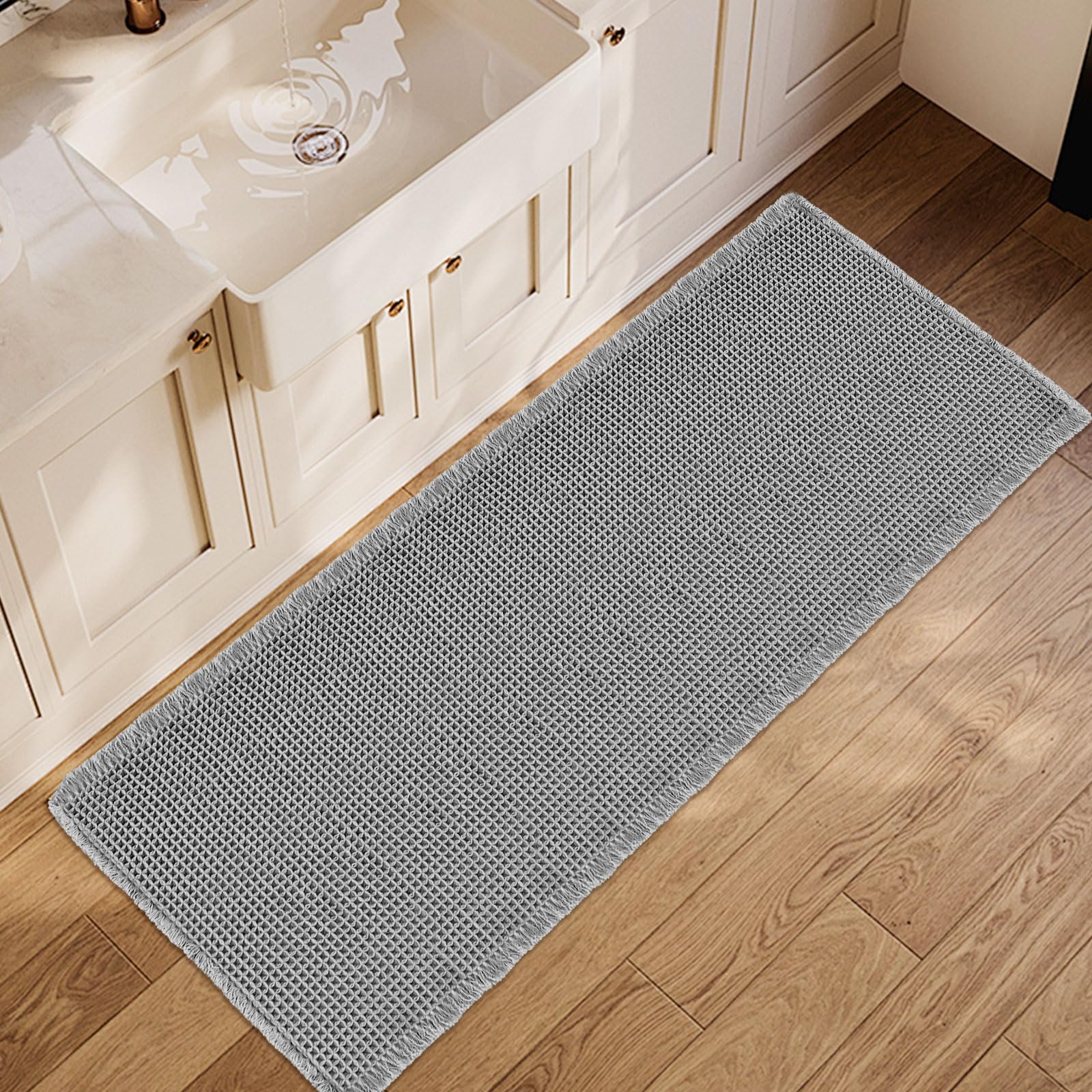 ZALL Grey Waffle Bath Mat,Super Absorbent Non Slip Long Bathroom Runner Rug,Gray 24X60inch,Machine Washable Ultra Soft Floor Mats