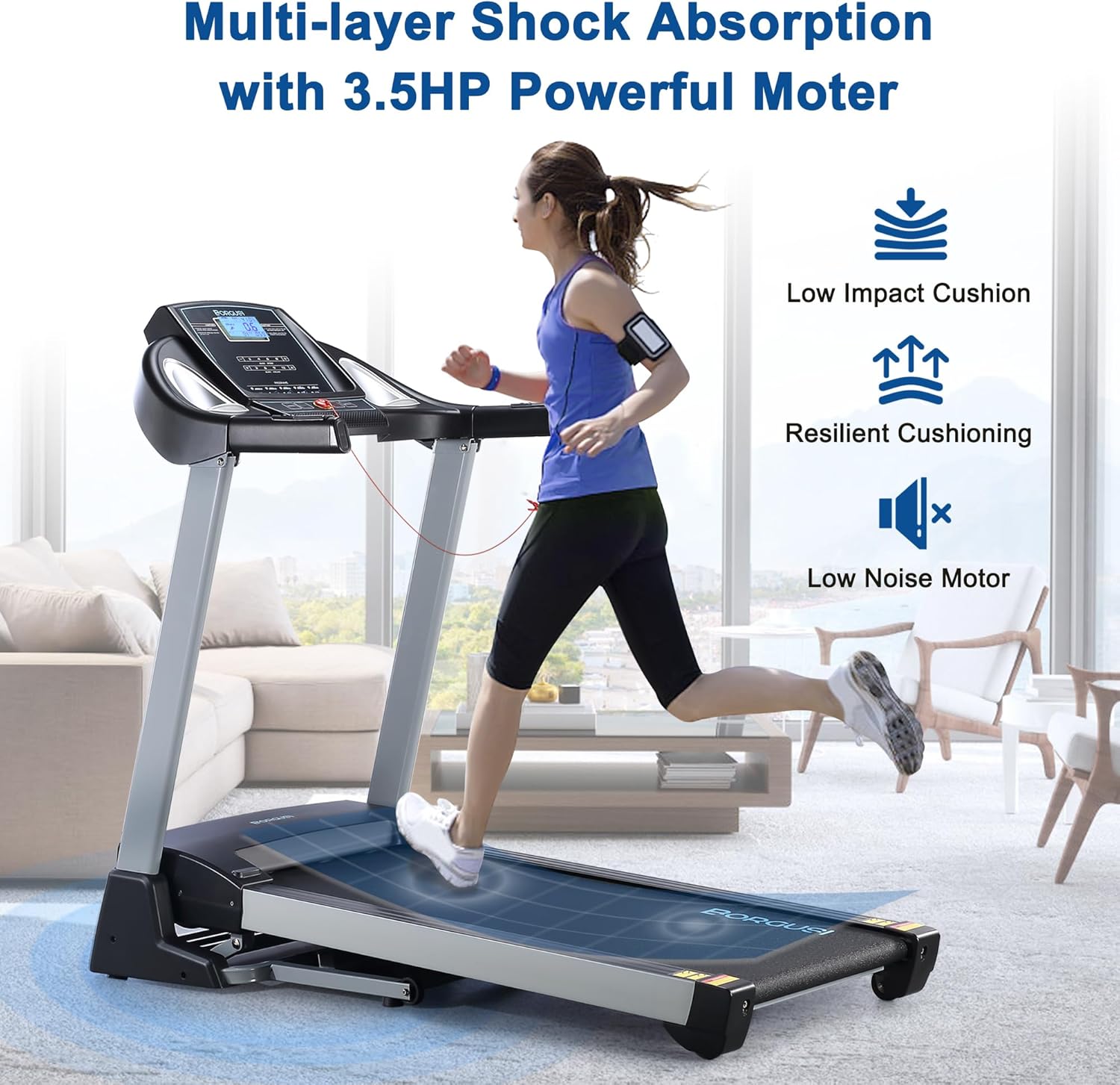 BORGUSI 15% Auto Incline Treadmill with 20" Wide Tread Belt, 350 LBS Capacity, 3.5 HP, Speeds Up to 10 MPH, Folding Treadmill with 15 Preset Programs.
