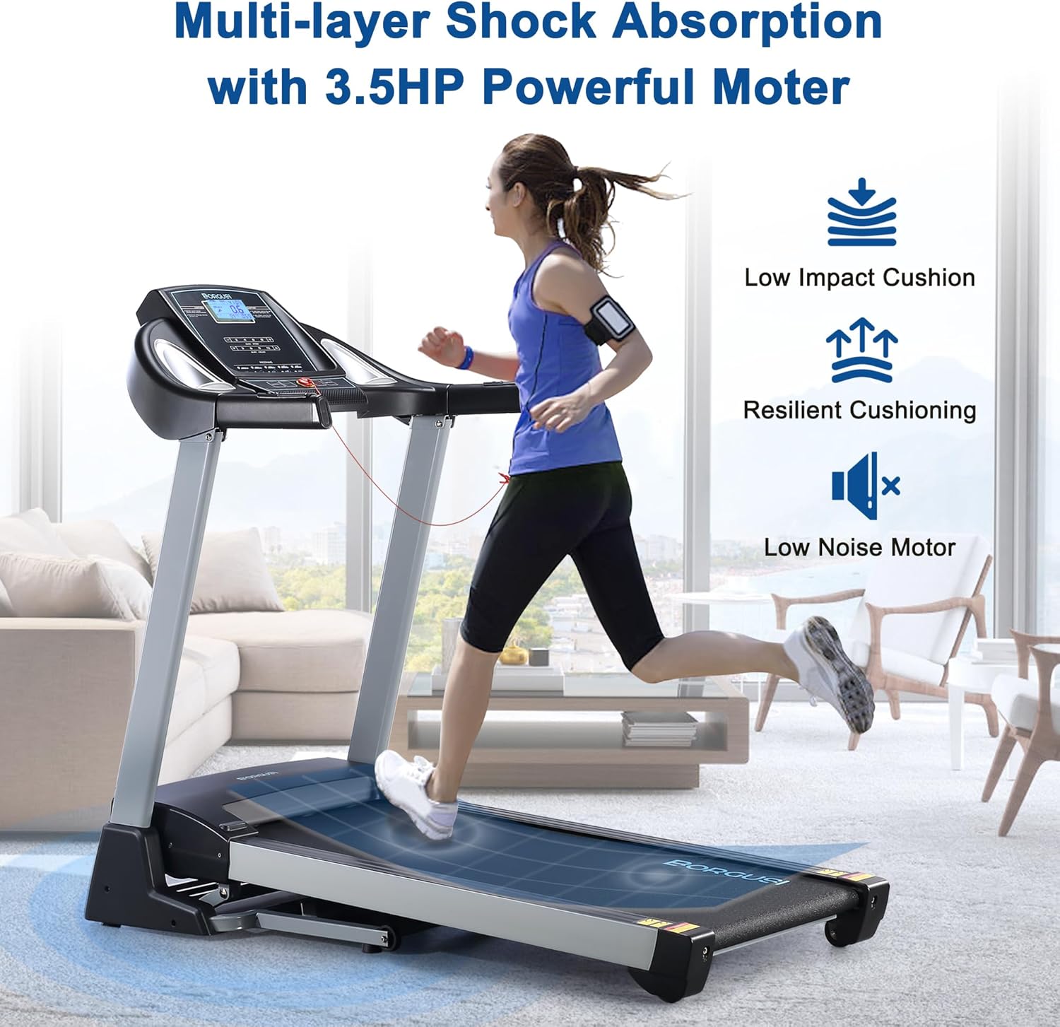 BORGUSI 15% Auto Incline Treadmill with 20" Wide Tread Belt, 350 LBS Capacity, 3.5 HP, Speeds Up to 10 MPH, Folding Treadmill with 15 Preset Programs.