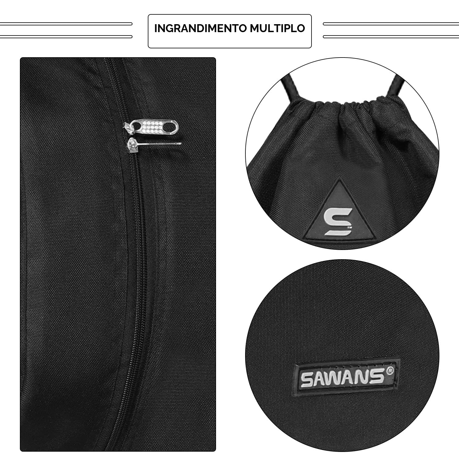 SAWANS Borsa sportiva da palestra con coulisse Stringa impermeabile Tasca con cerniera Zaino per donne Uomini Kit da viaggio Borsa per escursionismo Studenti (Nero)