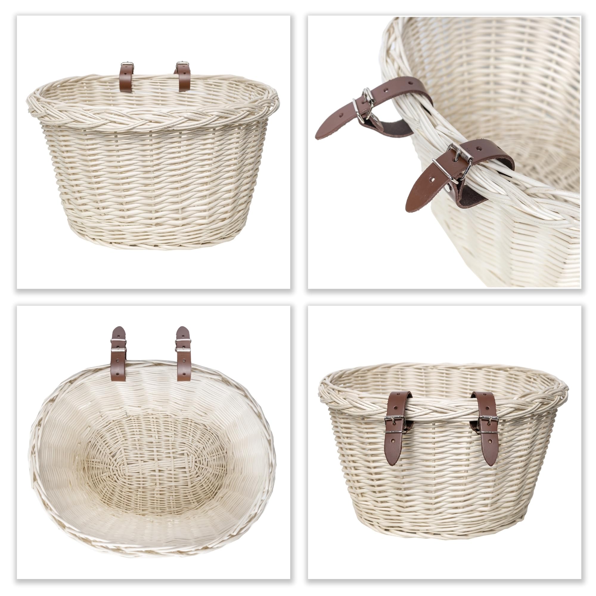 Creative Home Cestino da Bicicletta in Vimini Bianco 36 x 29 x 23 cm | Salice Bianco | Cestino Portaoggetti Intrecciato a Mano | Cestino Anteriore Facile da Montare con Cinghie | Cestino per Spesa