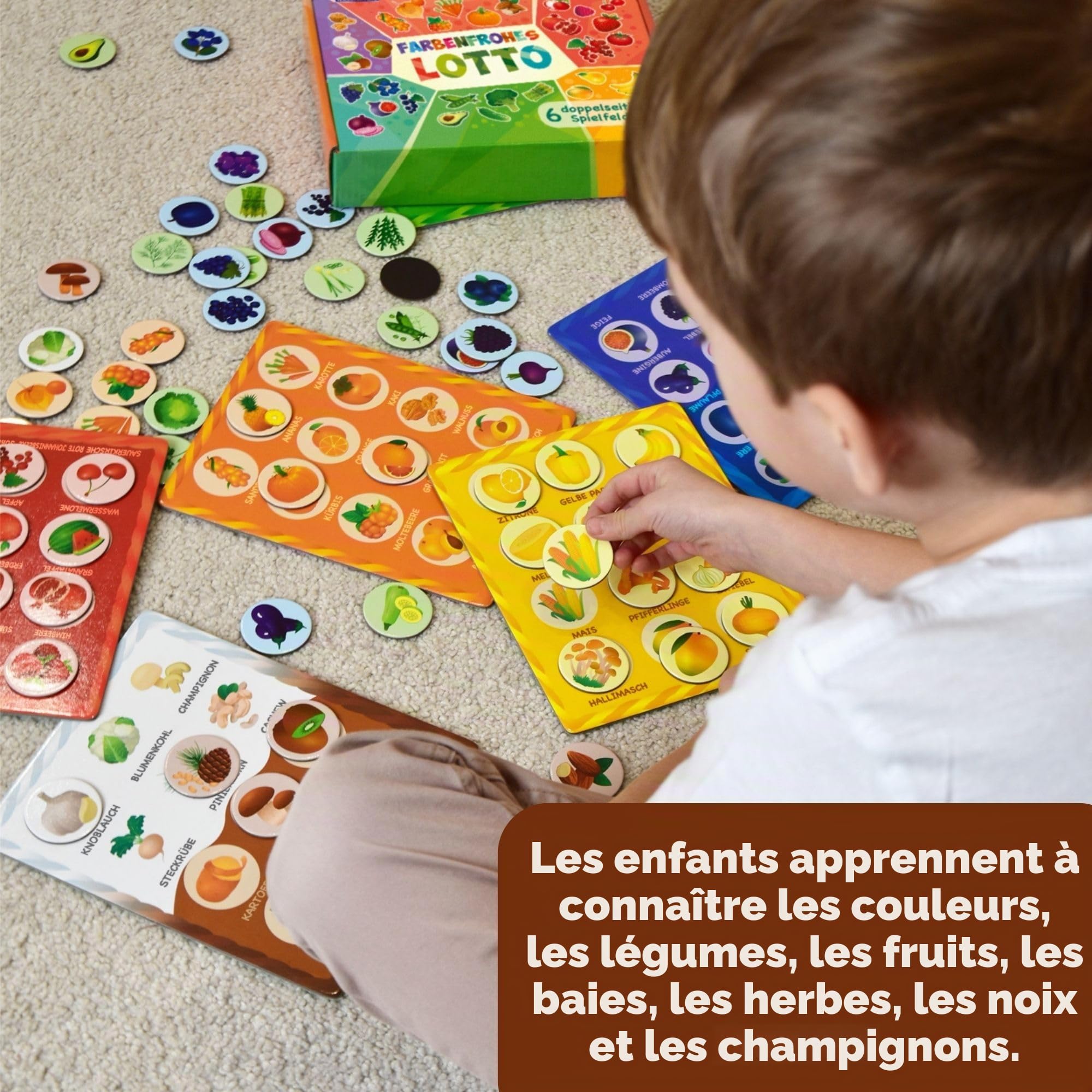MAGNIKON Jeu de bingo pour enfants à partir de 3 ans, apprendre les couleurs, jeu de mémoire de loto, 72 aimants, 6 terrains de jeu double face, loto d'images, fruits et légumes, jeu éducatif à partir