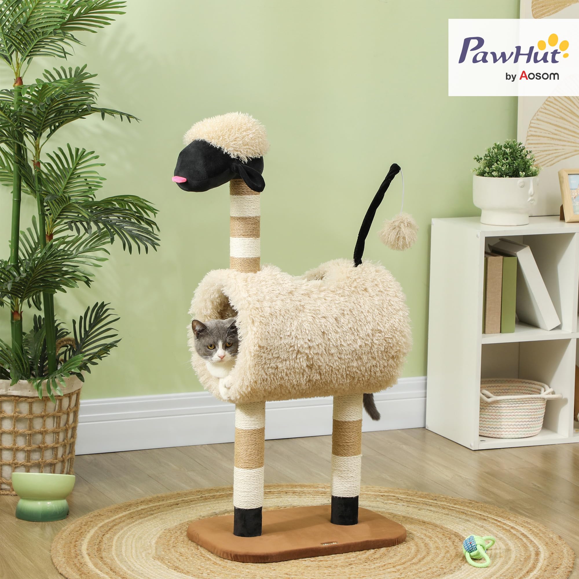 PawHut Kratzbaum Schaf-Design für Katzen bis 5 kg Tunnel 98 cm Hellbraun | Katzenturm, Kratzpfosten, Spielball, Mehrstöckiger Katzenkratzbaum, Kletterbaum