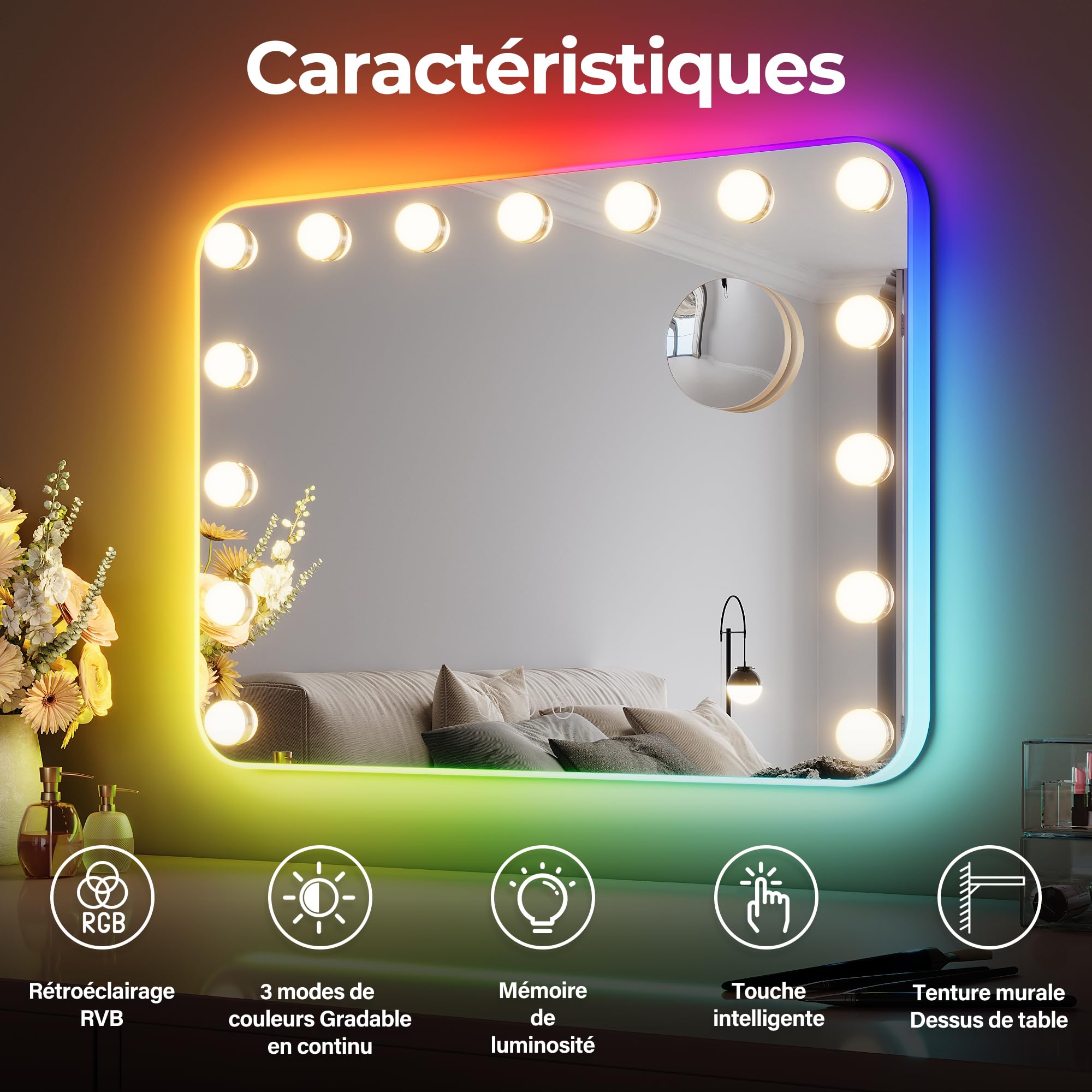 SIRHONA Miroir Hollywood Éclairage RVB 3 Températures Dimmable 15 LED 10X Grossissant 58x45cm