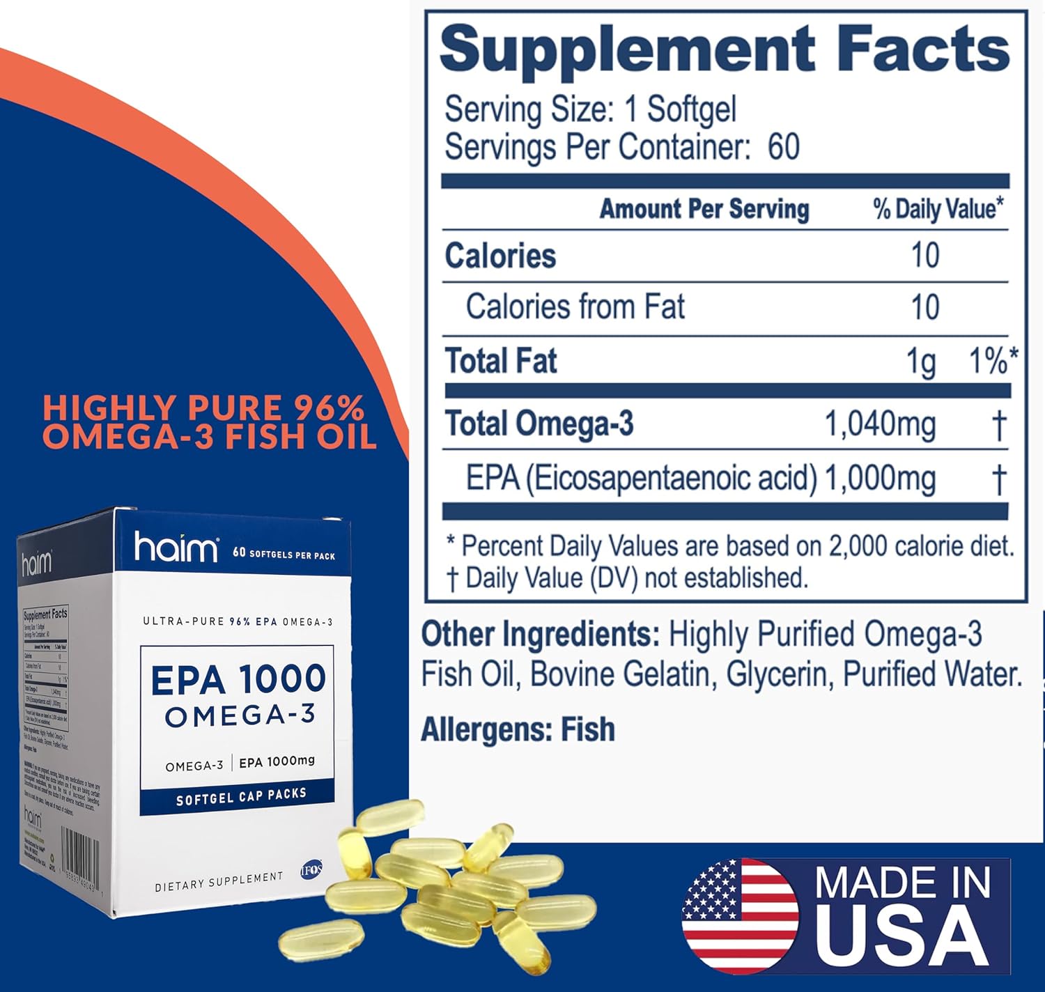 HAIM EPA1000 – High-Potency EPA Fish Oil Supplement – 1,000mg Omega-3 for Heart, Brain & Joint Health – Pure, Burpless Capsules – 60 Softgels – Made in USA - Image 5