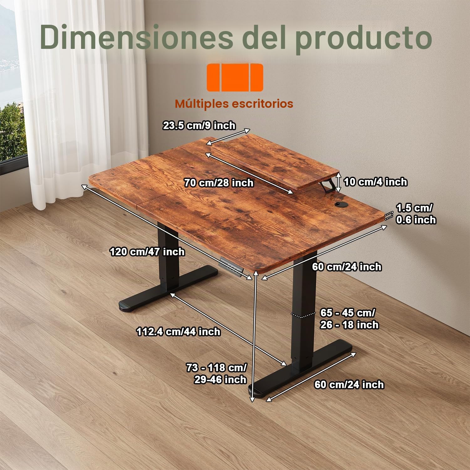 JUMMICO Escritorio Regulable en Altura con Soporte para Monitor, Escritorio de Pie Eléctrico para Oficina en Casa y Gaming, 120 * 60cm, Marrón