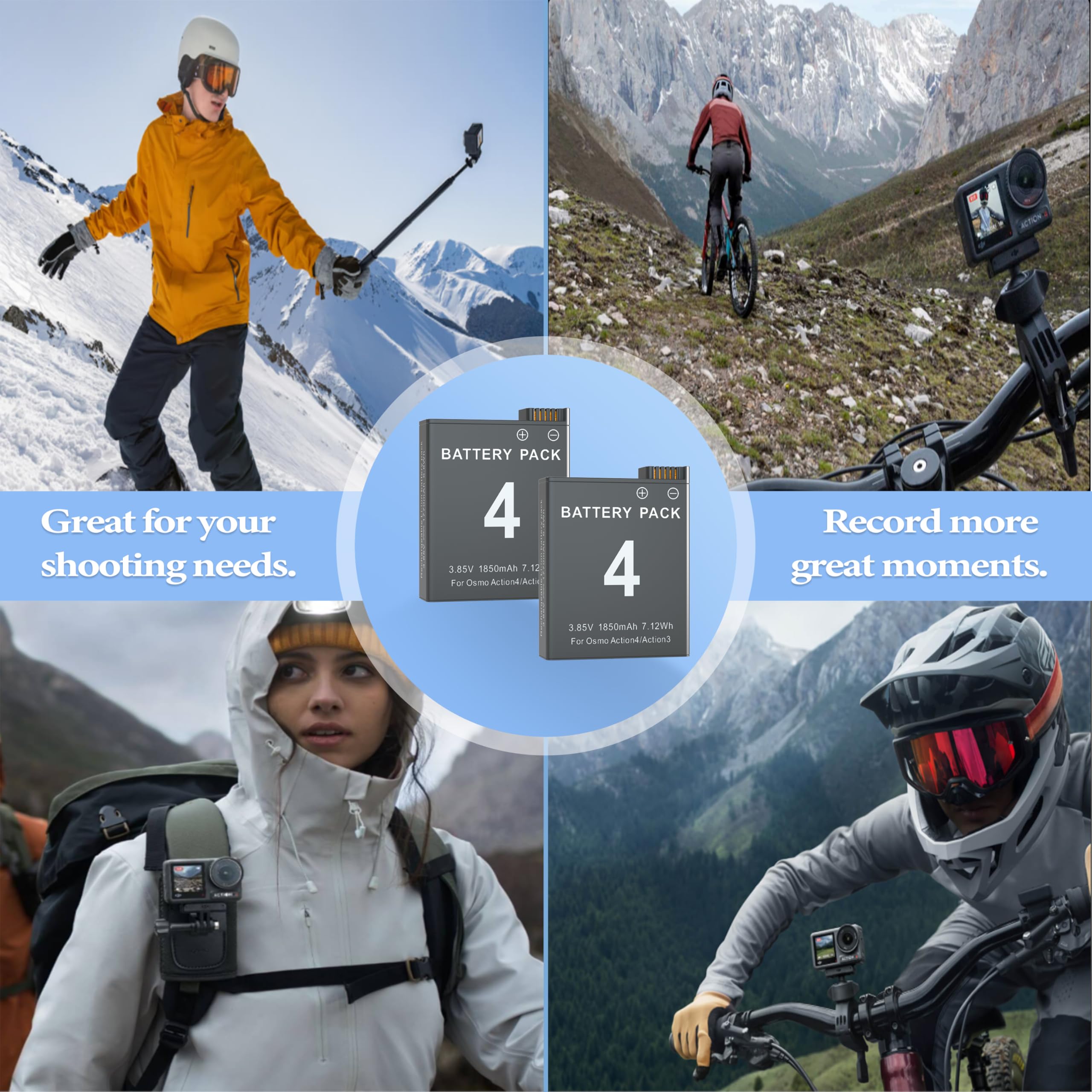 Akku für DJI Osmo Action 5 Pro/4/3, 2 Stück 1850mAh Akkus und LED Dual USB Ladegerät Zubehör Kompatibel mit DJI Osmo Action 3, Action 4, Action 5 Pro, Kamera