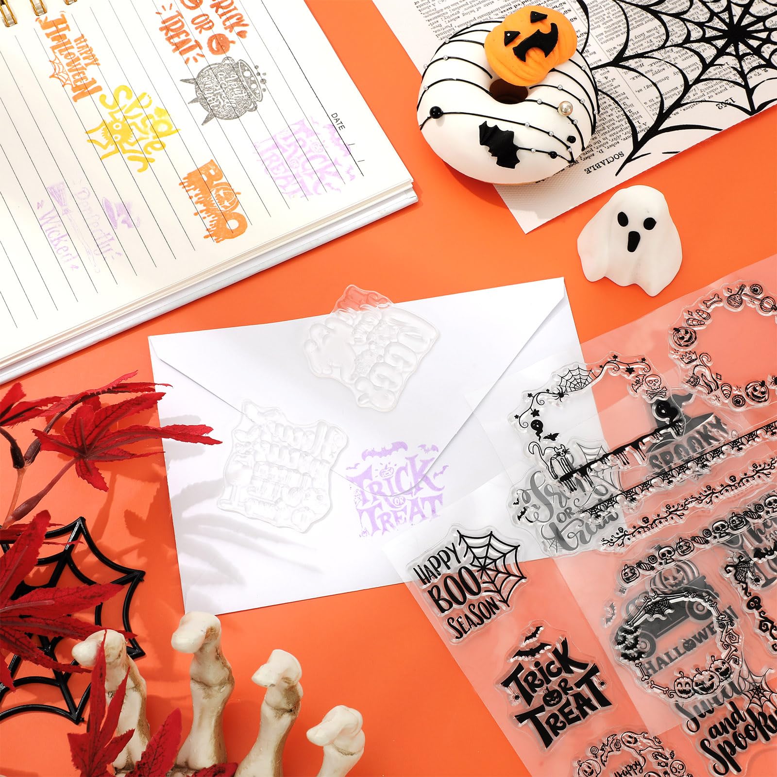 Whaline 5 Blatt Halloween Clear Stamps Gnom Kürbis Spinne Silikon Transparent Stempel Trick or Treat Border Stempel Karten für DIY Kartenherstellung Scrapbooking Prägung Album Dekor