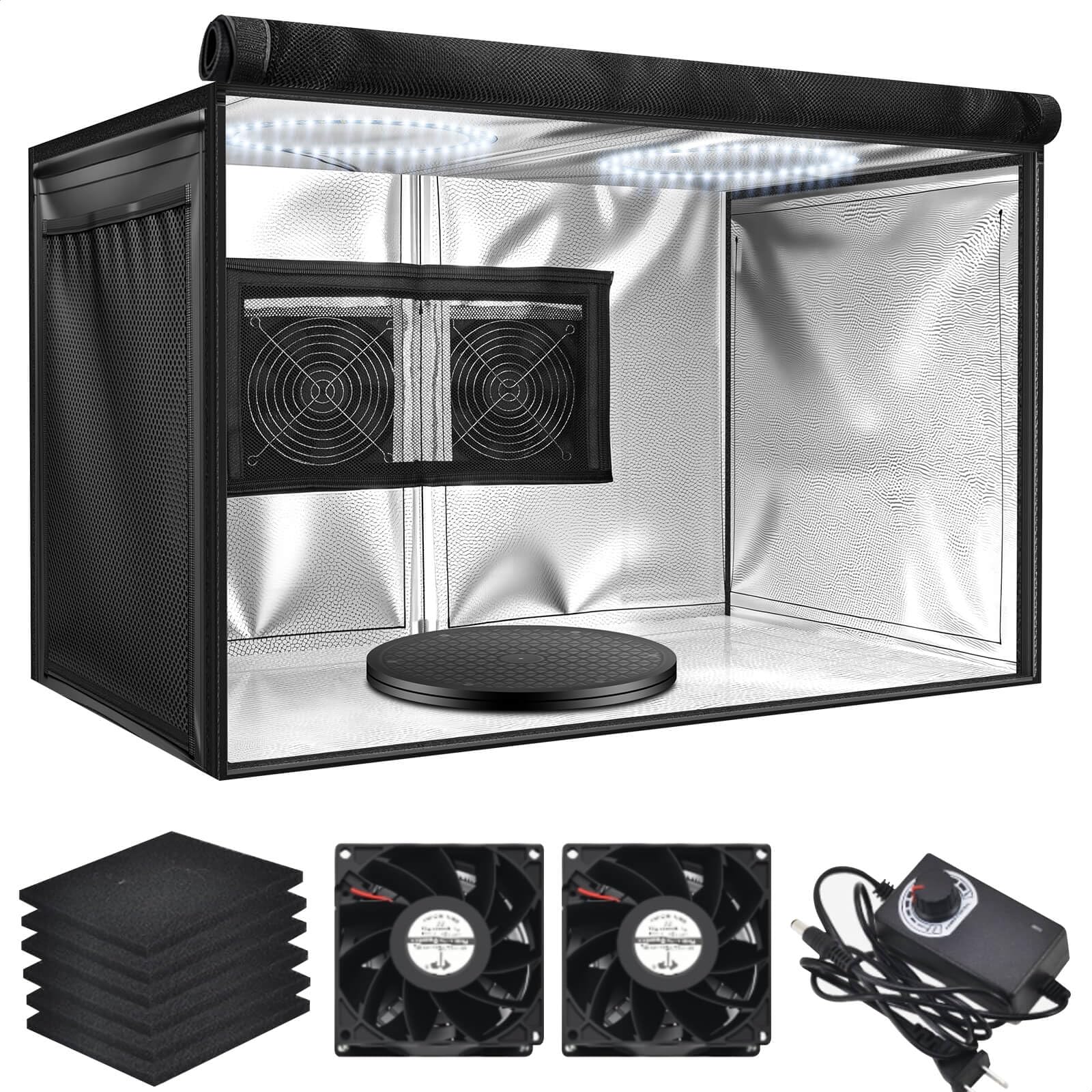 Tragbare Airbrush Lackierkabine Set mit 2 Abluftlüftern, LED-Lampen, 360° Drehteller, faltbar