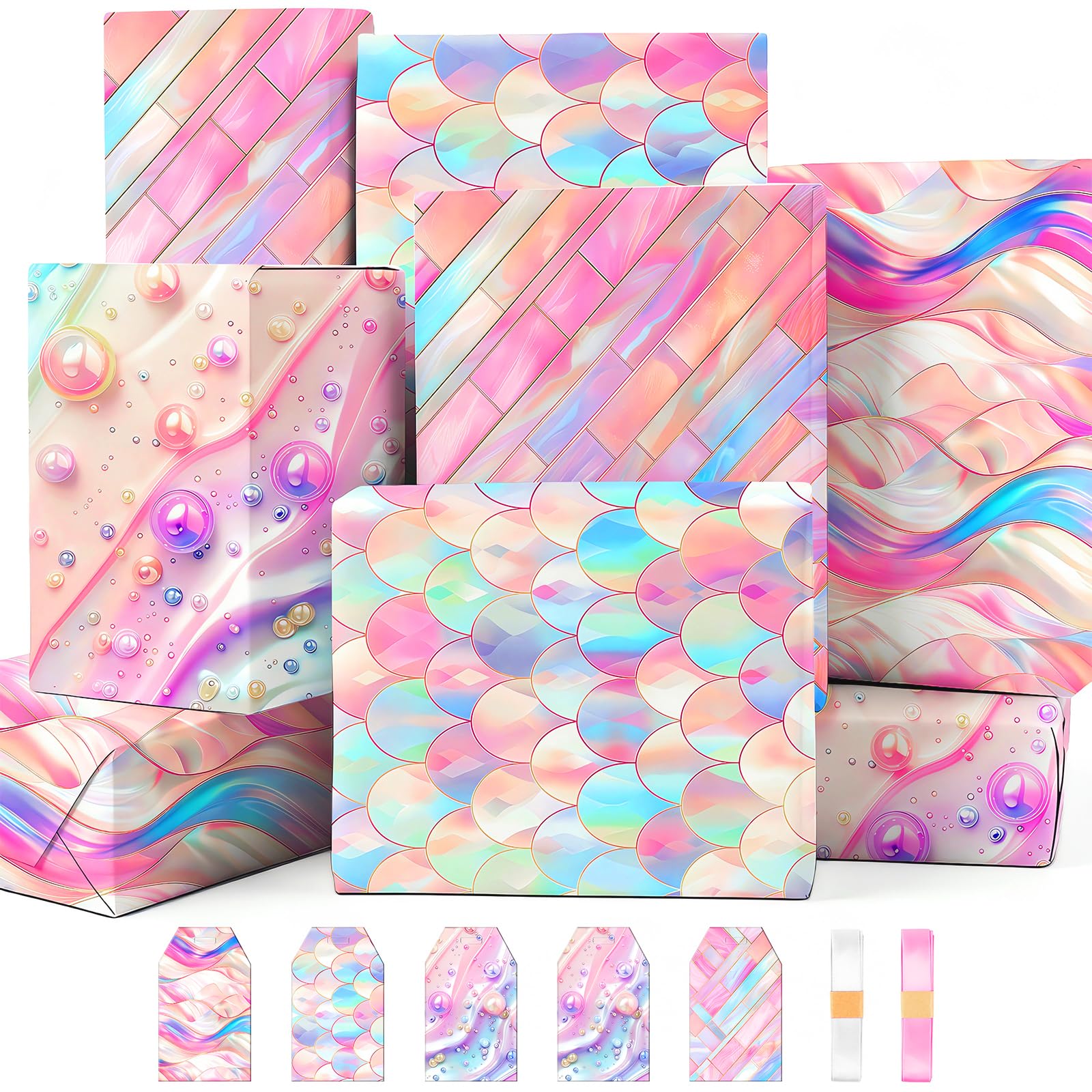 5 Sheets Wrapping Paper Set for Present Wrap,Morandi Birthday Wrapping Paper for Women Girls,Thick Gift Wrapping Paper with 5 Gift Tags & 2 Ribbons,Happy Birthday Paper Wrapping for Gift Wrap