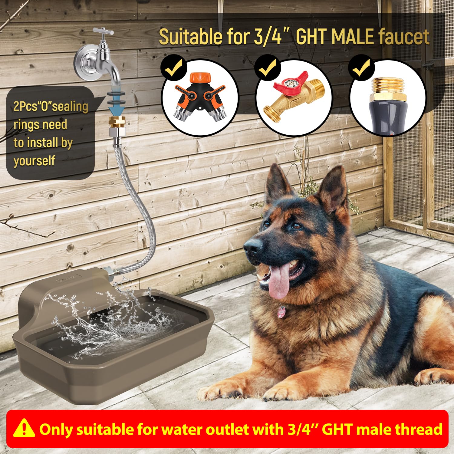 FICUSWIN Dispensador automático de agua de 3,827.2 g para perros grandes, ajuste patentado, grifo macho GHT de 3/4 pulgadas, cuenco de agua para animales al aire libre que incluye válvula de agua,
