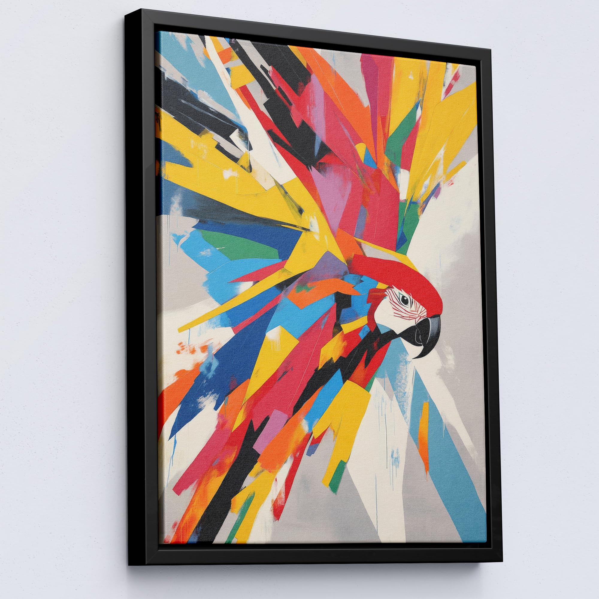 Lithobee - Modern Abstract Parrot Painting with Bold Geometric Design Black Framed Canvas 16x12inch(40x30cm) - Style No: 388
