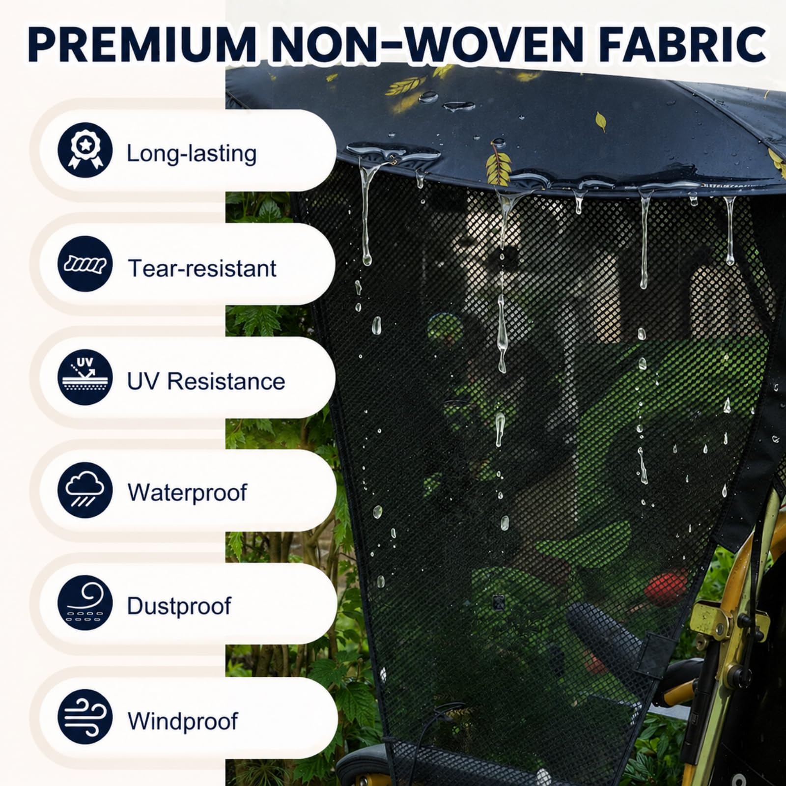 Auvent électrique pour fauteuil roulant réglable en gaze latérale respirante - Protection contre la pluie - Imperméable et résistant aux UV - Pour fauteuil roulant avec poignées - Accessoire