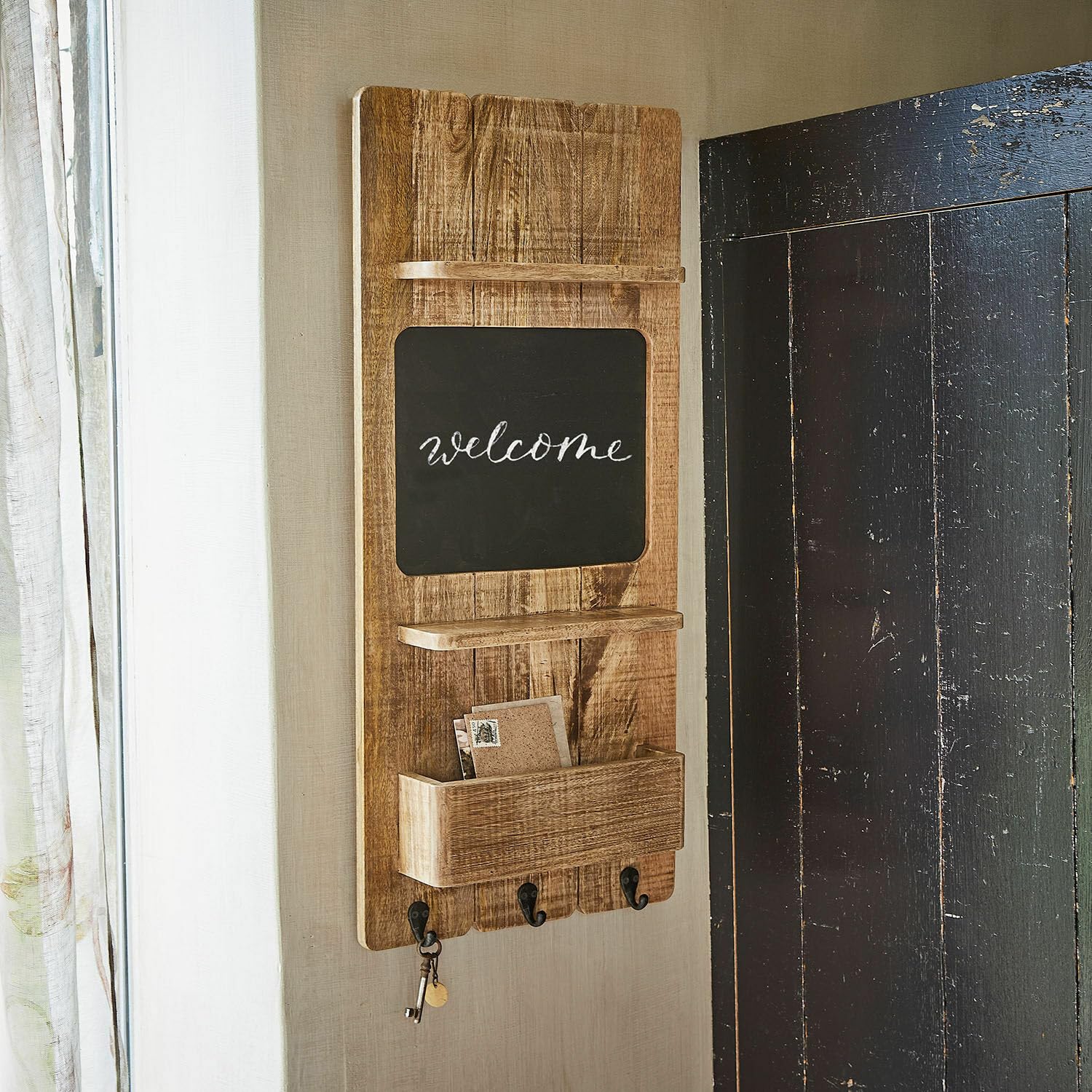 Loberon Wand-Organizer Seraphique, mit Beschreibbarer Tafel, mit Sammelfach und Aufhängehaken, Ordnungshelfer, Organisation, Mangoholz, Eisen, braun/schwarz