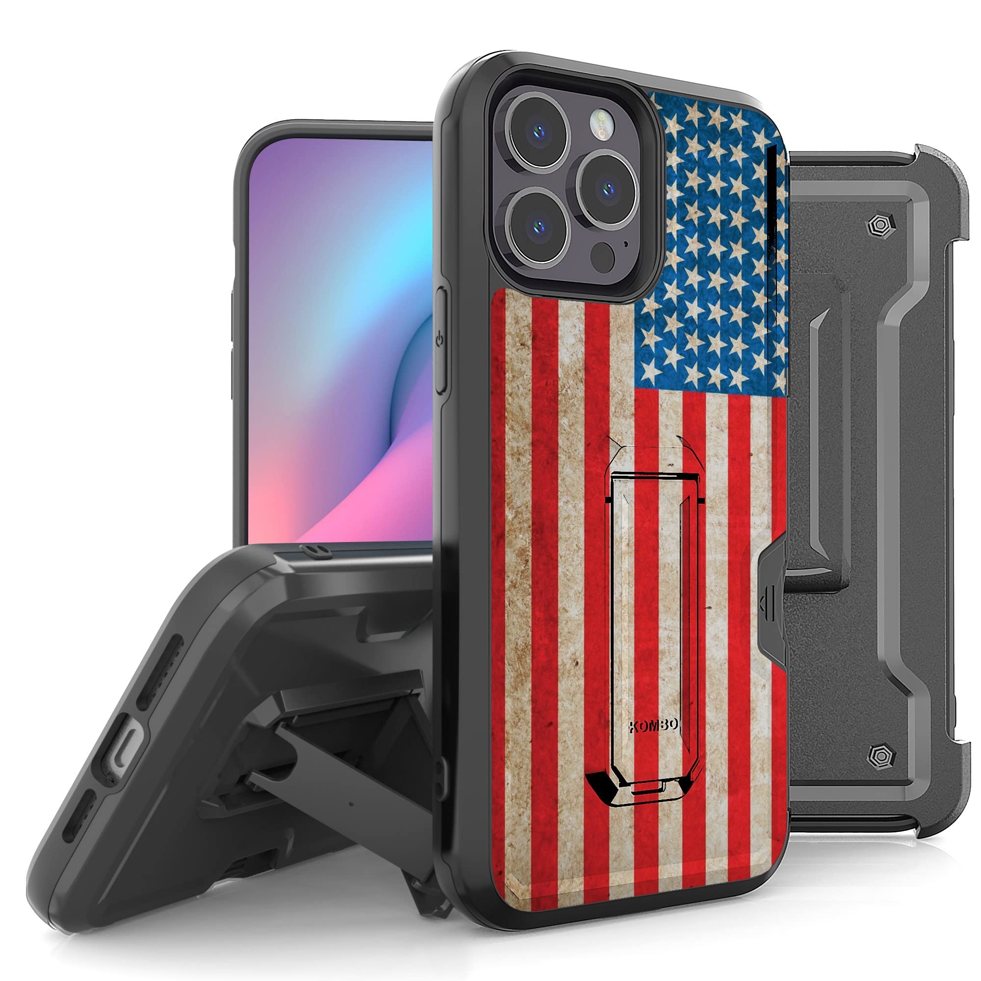 BEYOND CELL Compatible with Apple iPhone 12 Pro Max, Armor Kombo Kickstand Case with Belt Clip Holster, Hybrid Rugged Heavy Duty Shockproof Drop Protection American Flag