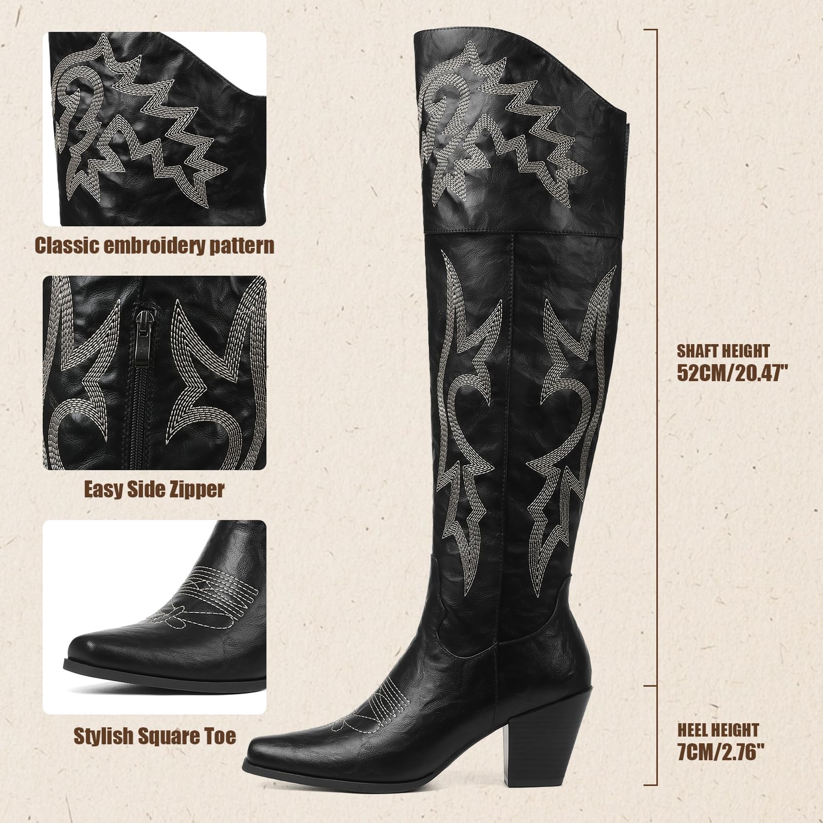 Eteridrey Stivali sopra il ginocchio da donna, stivali da cowboy a punta, stivali alti e spessi, classici ricamati, stivali western, per l'autunno