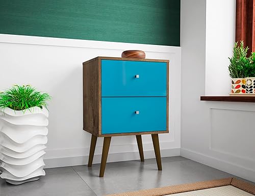 Miniatura 2 de Manhattan Comfort Liberty Modern - Mesita de noche y mesa auxiliar, con 2 cajones, color marrón rústicoazul aguamarina