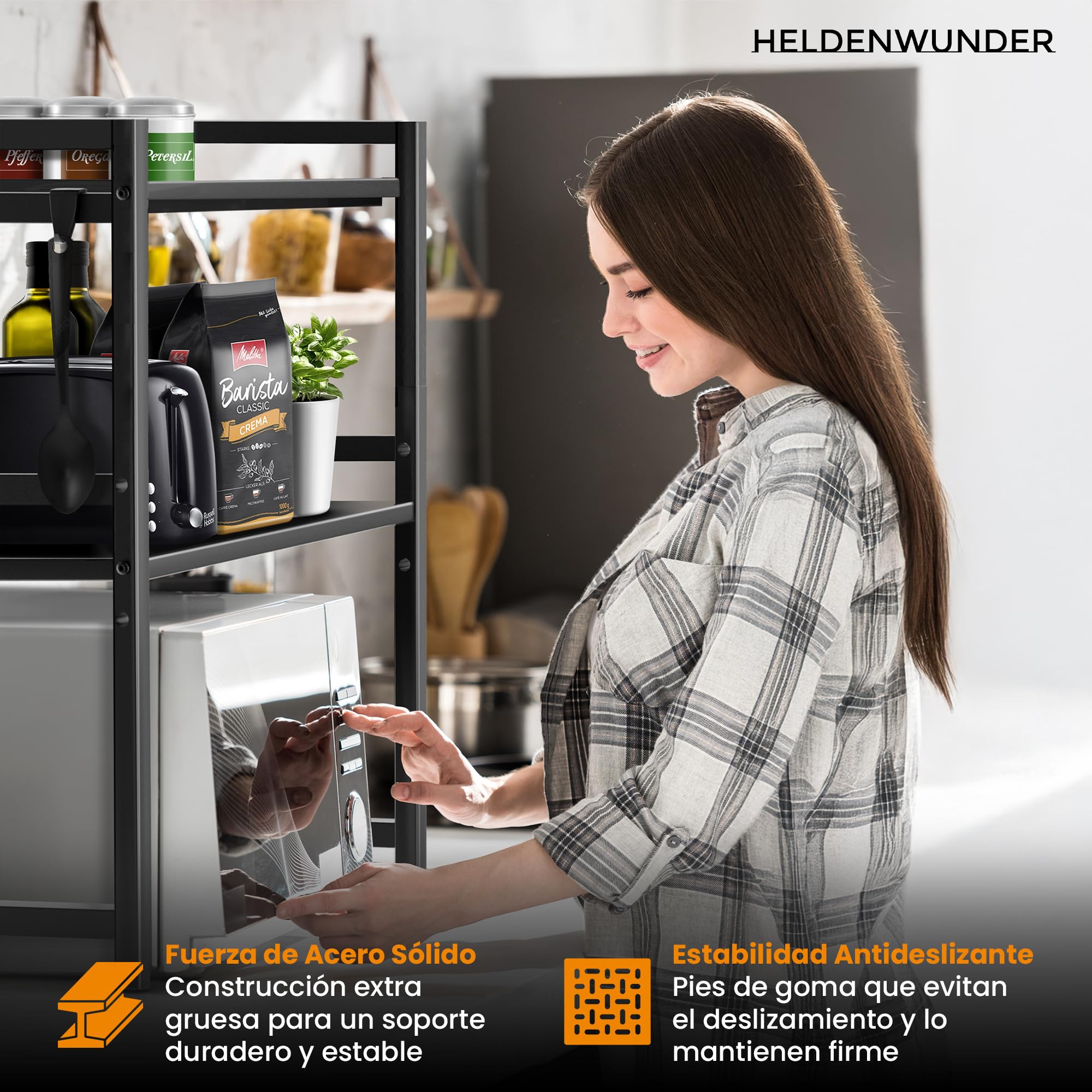 Heldenwunder Estantería Microondas Estantes Cocina Acero (2 Niveles) | Mueble Microondas Horno Estanterias Almacenaje Organizador Estante Panadería Ajustable + Instrucciones en Vídeo, Ganchos – Negro