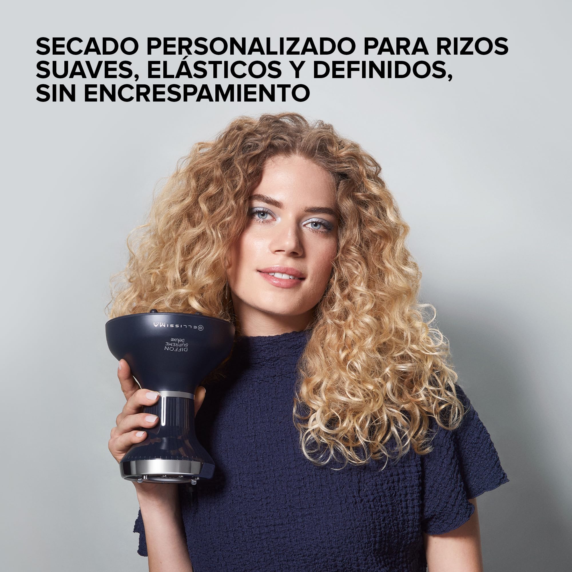 Bellissima Diffon Supreme Deluxe, Difusor de Aire Caliente para Cabello Rizado, Tecnología Cerámica y Queratina, Difusor XL, 3 Temperaturas y Ionizador, Secado Suave, bolsa de belleza, Negro Y Plata