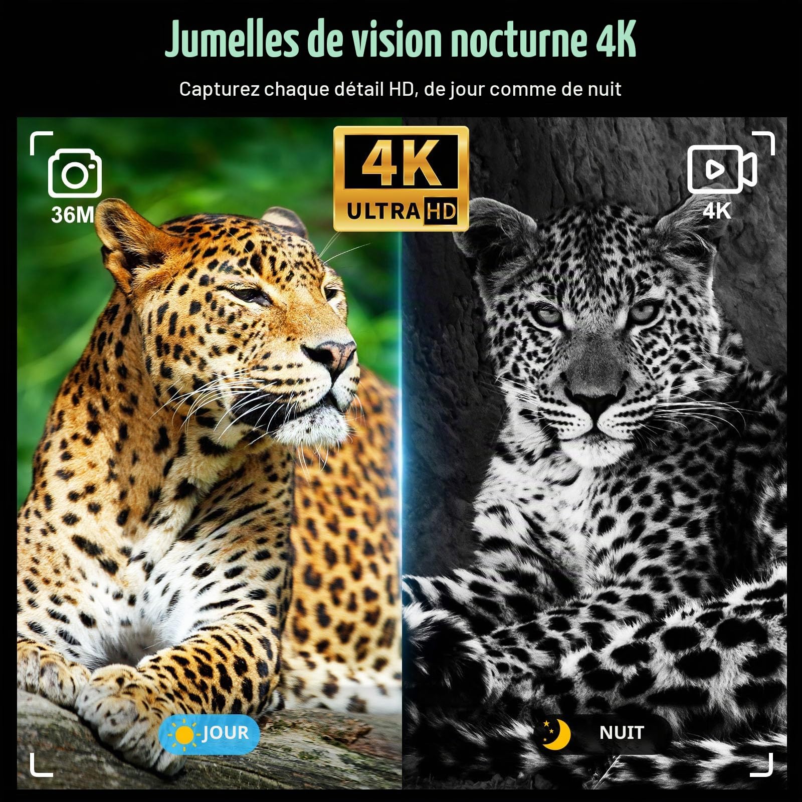 Lunettes de Vision Nocturne, Vidéo 4K UHD & Jumelles de Vision Nocturne Infrarouge 36MP avec Écran de 4,5″, Batterie Rechargeable 4500mAh, Carte TF 32GB, Zoom Numérique 8X pour le Camping (Noir