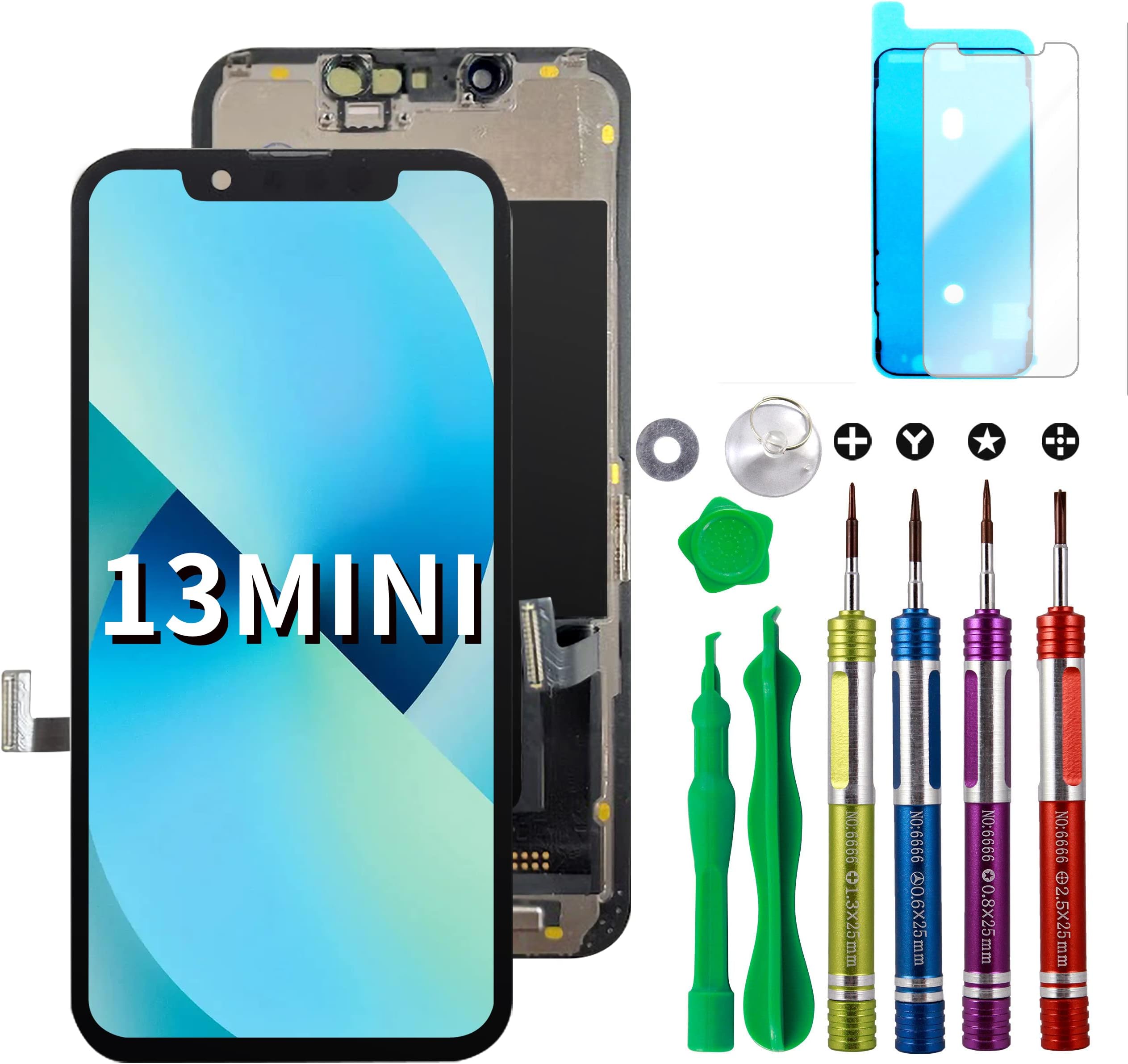 LCD Screen Replacement for iPhone 13 Mini (A2481, A2626, A2629, A2630, A2628) 5.4 inch Touch Screen Display Digitizer Frame Assembly W/Repair Kit + Adhesive + Tempered Glass