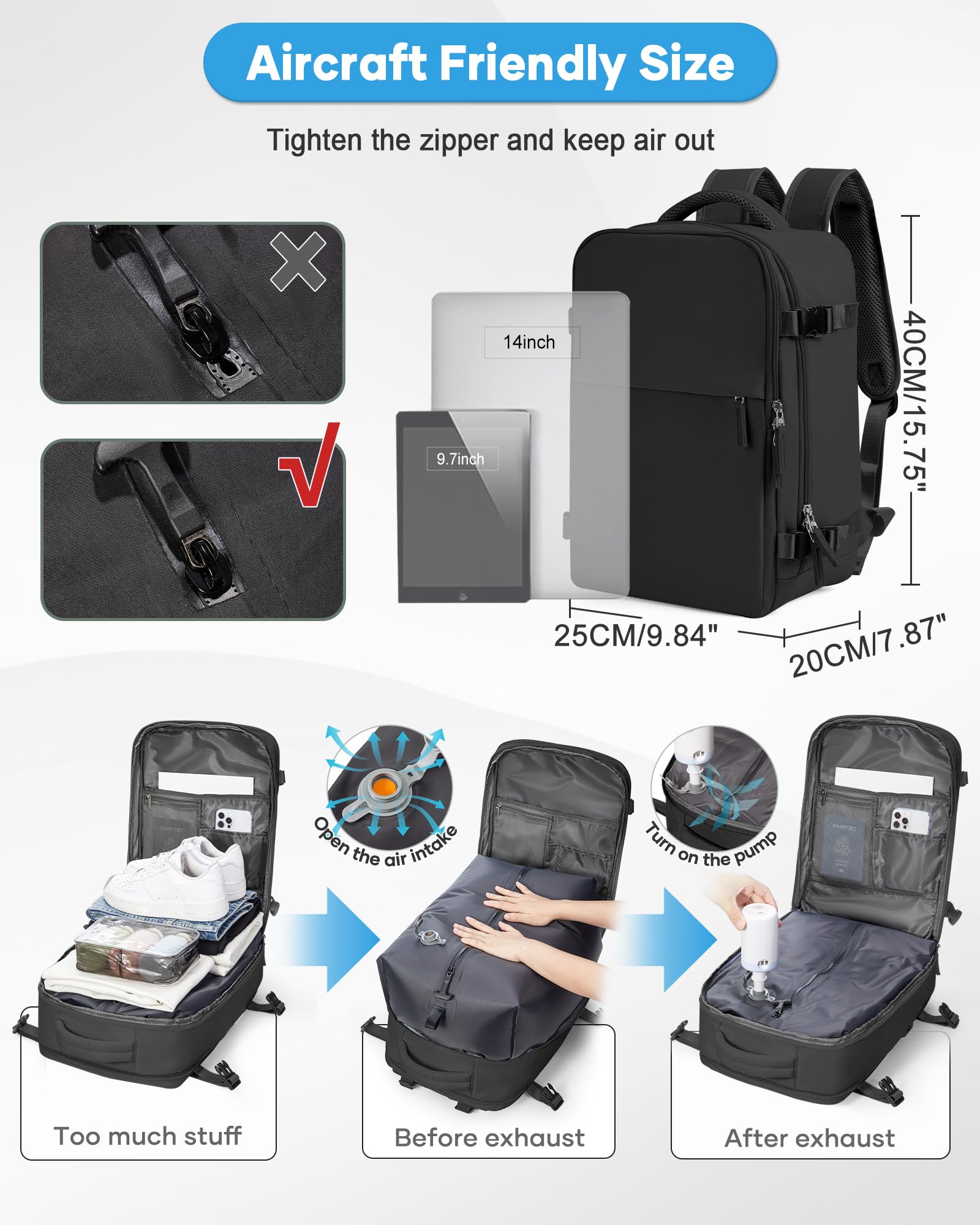 SZLX Zaino Ryanair 40x30x20 Sottovuoto Zaino da Viaggio 40x30x20 Wizzair Bagaglio a Mano 40x20x25 Borse da Cabina per Easyjet 45x36x20 Donna con USB Adatto a PC da 14 Pollici, Valigia con Sottovuoto