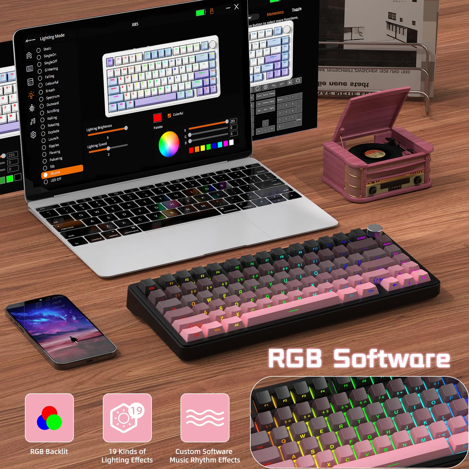 ATTACK SHARK X85 Teclado mecánico de Junta con Perilla, 75% (BT5.0/2.4G/USB-C) Teclado inalámbrico para Juegos y Acolchado de Cinco Capas, RGB, 5000 mAh, Teclas PBT con impresión Lateral (Rosa)