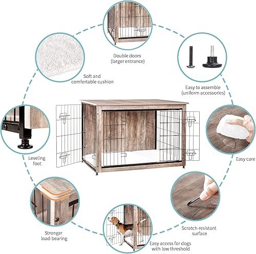 Miniatura 5 de DWANTON - Perrera con cojín, de madera, con puertas dobles, para interiores, XL, 43.3 pulgadas de largo, beige grisáceo