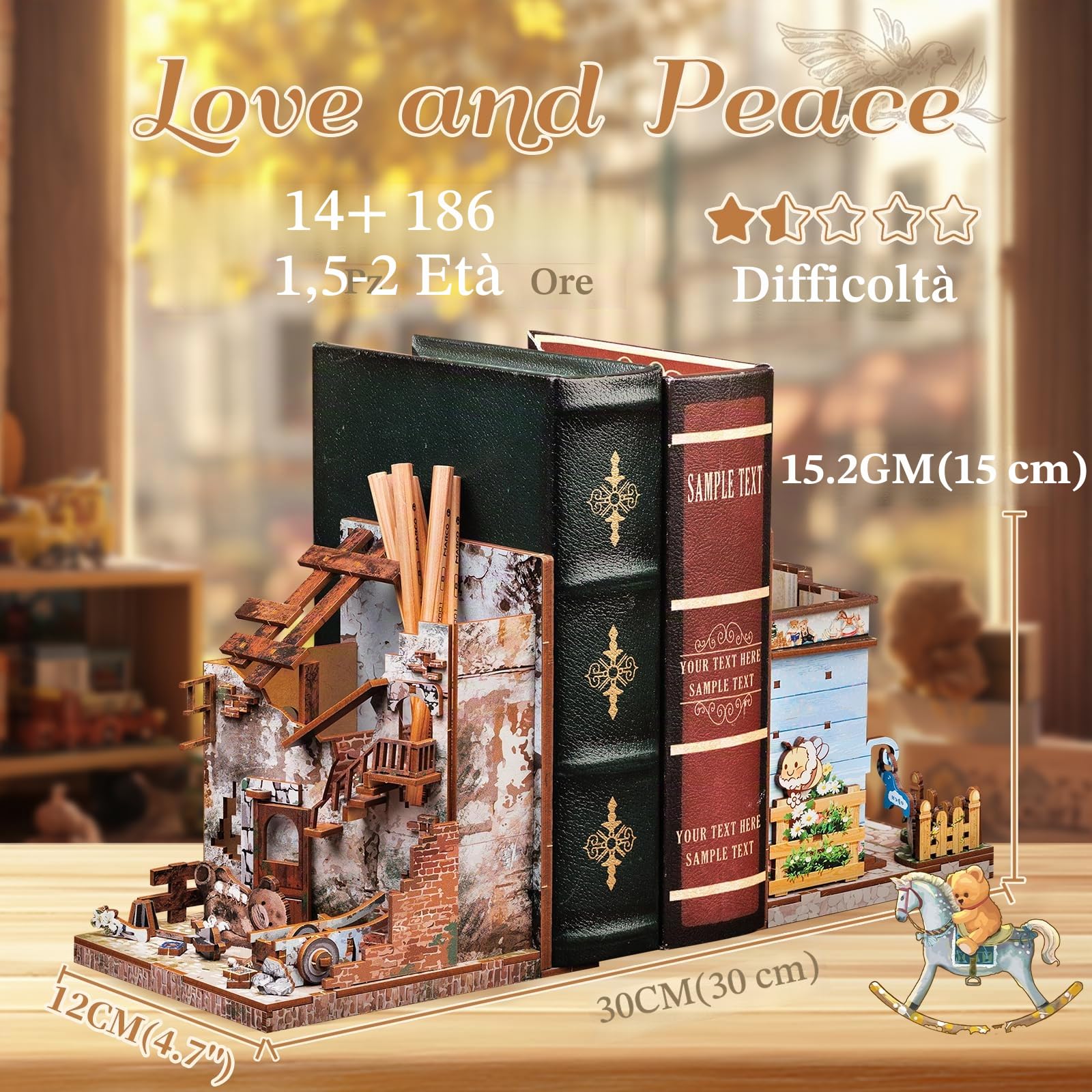 CUTEBEE Kit Book Nook - Confezione da 2 fermalibri in miniatura di Natale - Decorazione per libreria - Diorama - Kit di costruzione per adulti (Amore e Pace)