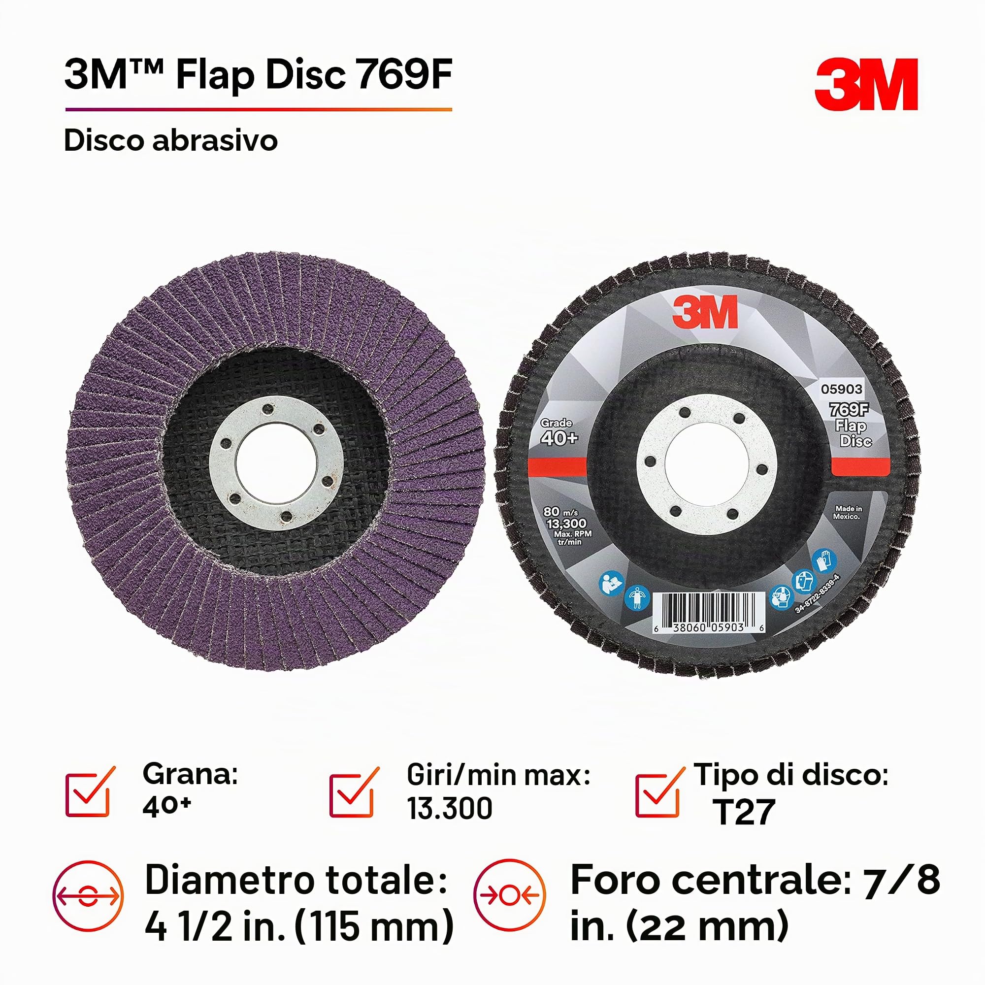Disco lamellare 3M 769F, T27, abrasivo ad alte prestazioni, grana in ceramica a forma di precisione, 40+, 11,7 cm x 7/8 in 10 pezzi (confezione da 1)