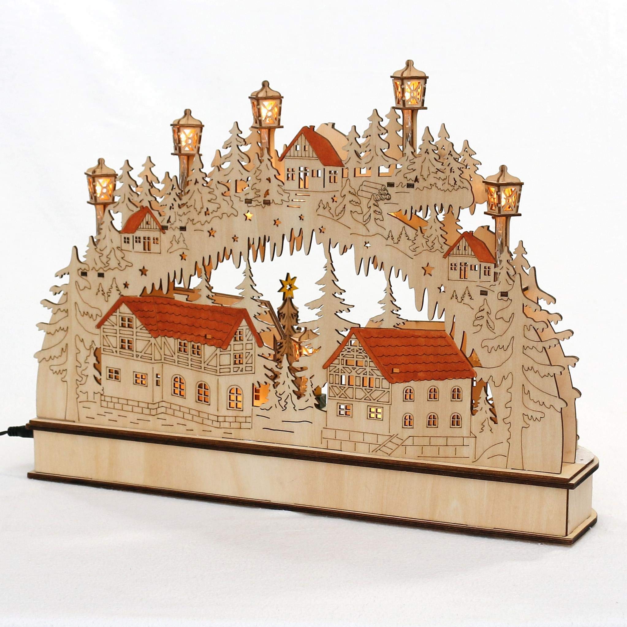LED Holz Schwibbogen, Lichterbogen, Schwippbogen, Leuchterbogen, Fenster Schwibbogen mit bewegtem Tannenbaum inklusive Netzteil als auch Batteriebetrieb möglich, L/B/H ca. 45 x 12 x 35 cm.