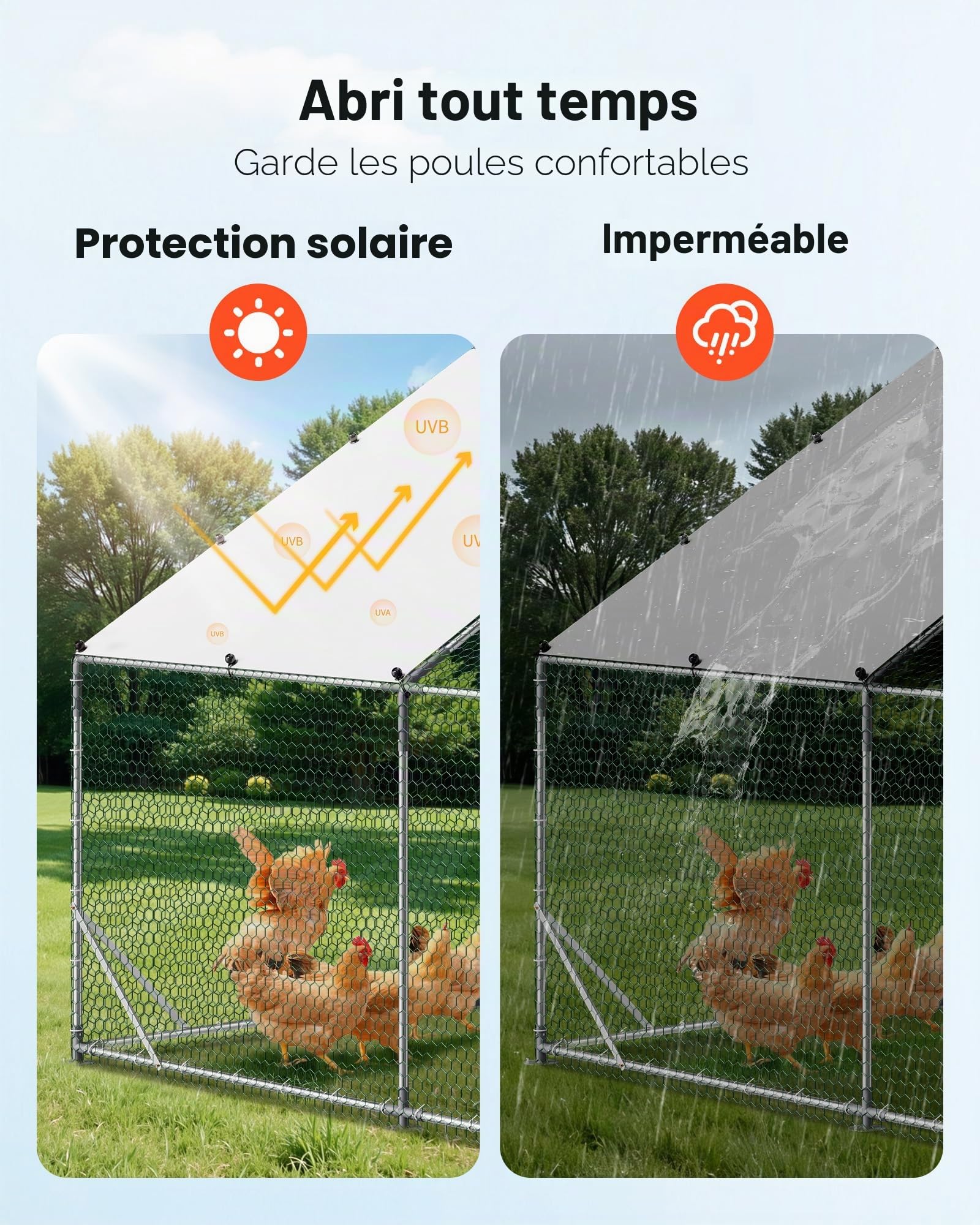 VEVOR Enclos Poulailler en Métal 3 x 3 x 2 m Parc à Poules Grillagé avec Couverture, Structure Robuste, Toit en Pente, Grande Cage Extérieur pour Poules, Canards, Lapins, Volailles, de Jardin, Ferme