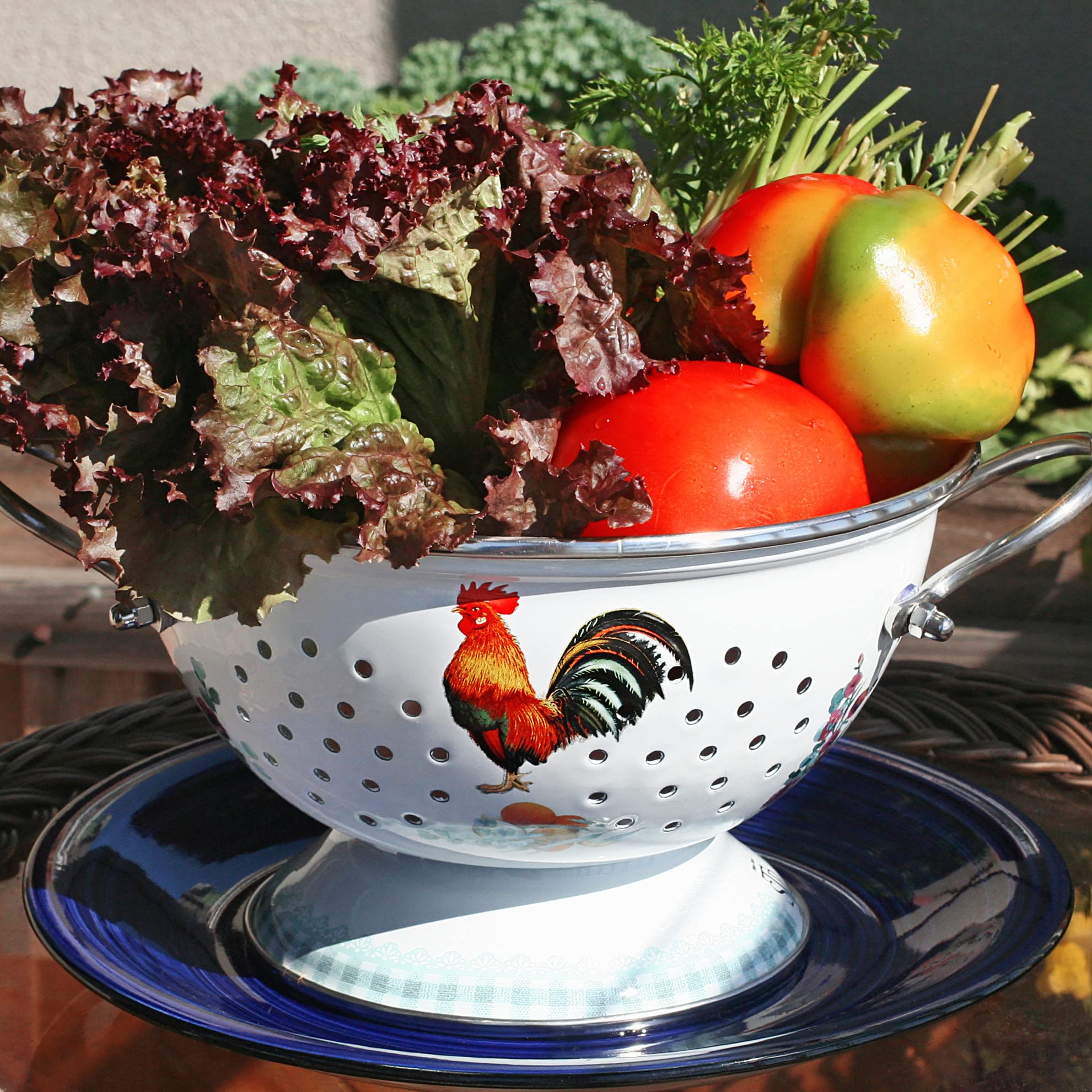 Enameled Aluminum Fine Mesh Strainer Drainer for Food Enamel Colander/Strainer 2.6 Qt (2.5 L) Pasta Drainer with Handle Rice Strainer (Golden Rooster)