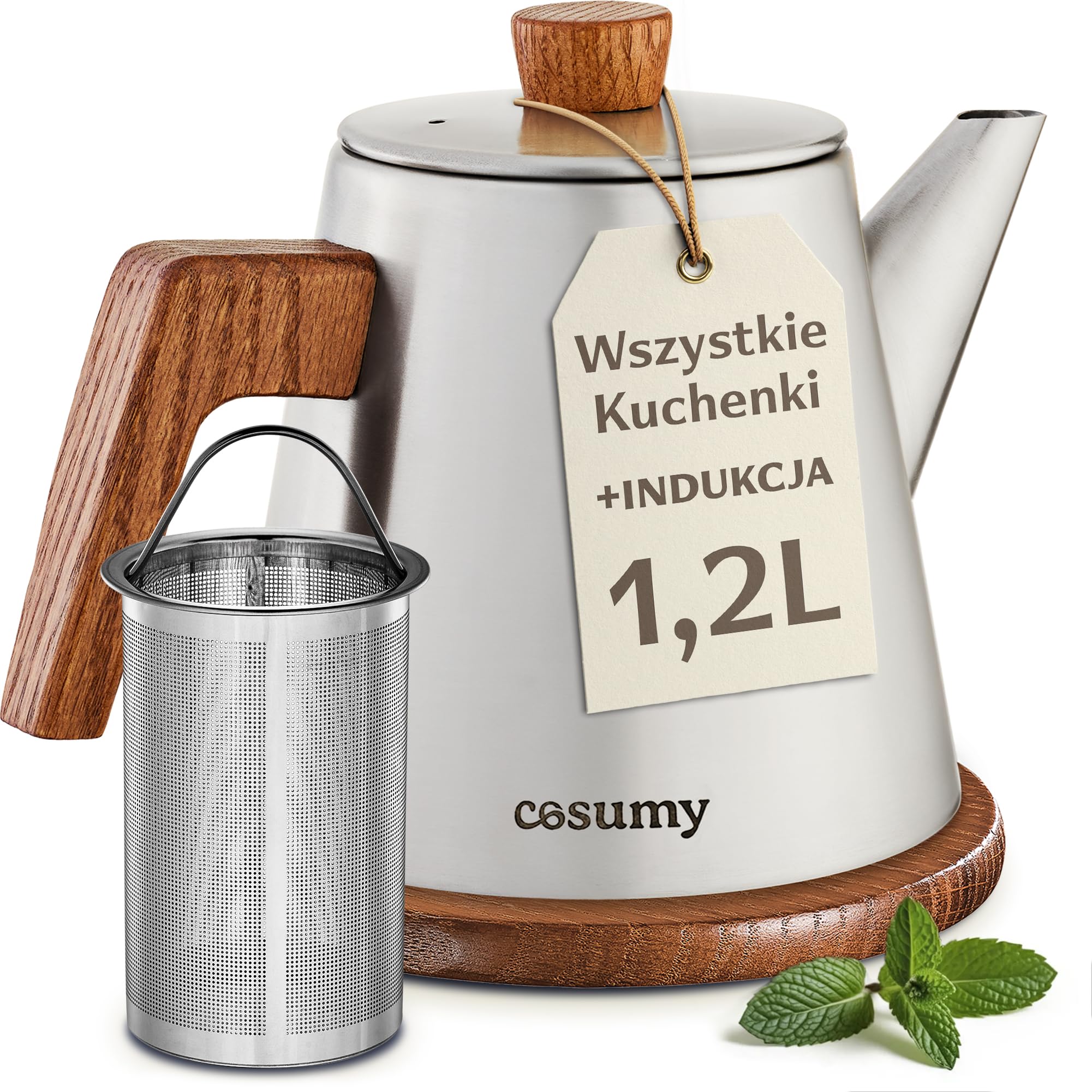 Cosumy Czajnik z Filtrem i Podstawką 1,2 litra - do Indukcji i wszystkich innych rodzajów Kuchenek - Stal nierdzewna i drewno z certyfikatem FSC.