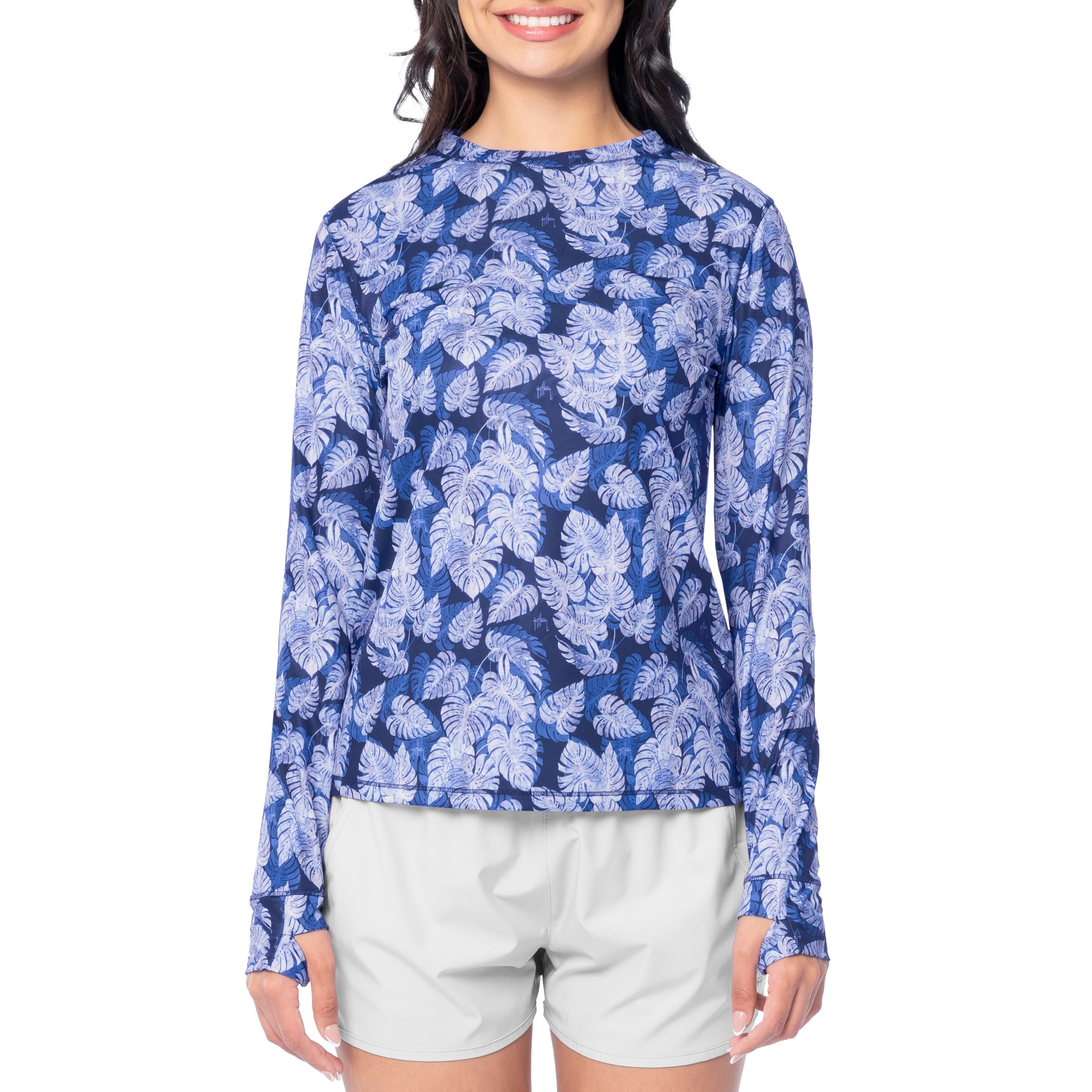 Guy Harvey Women's Long Sleeve Sublimated Performance Tee with Thumbhole, Estate Blue/Blue Heaven, M