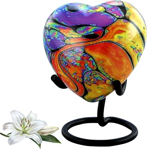 Urna de recuerdo de corazón con estampado moderno, urna de cremación de corazón teñido anudado colorido con soporte, funda de terciopelo y bolsa