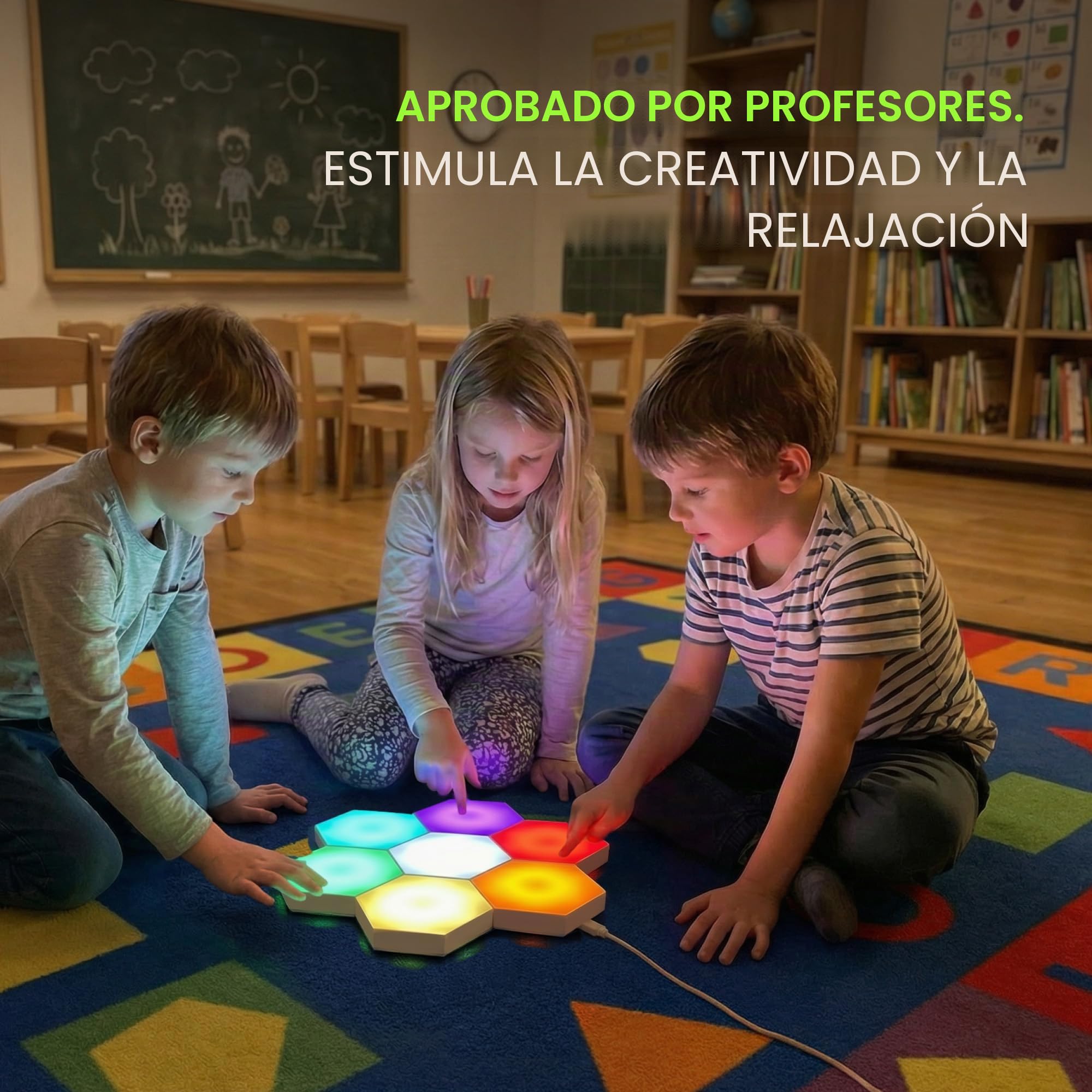 Emberela HEXlights - Luces sensoriales para niños, 7 unidades hexagonales táctiles, control remoto, paneles LED de pared, soporte de mesa incluido