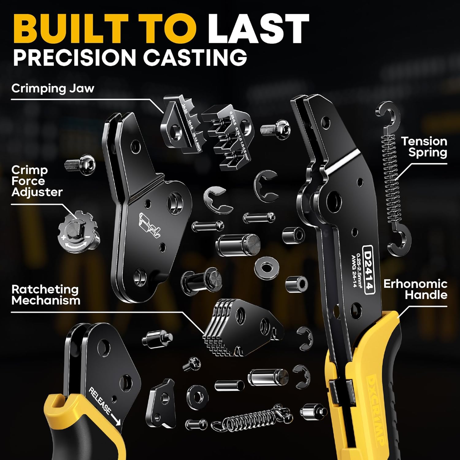 Crimping Tool Kit, 36-Type Open Spade & Quick-Disconnect Connector Set (2.8/3.9/4.8/6.3 mm) Non-Insulated Terminals with Wire Stripper, 24–14 AWG Ratcheting Crimper, for Auto, Appliance, DIY