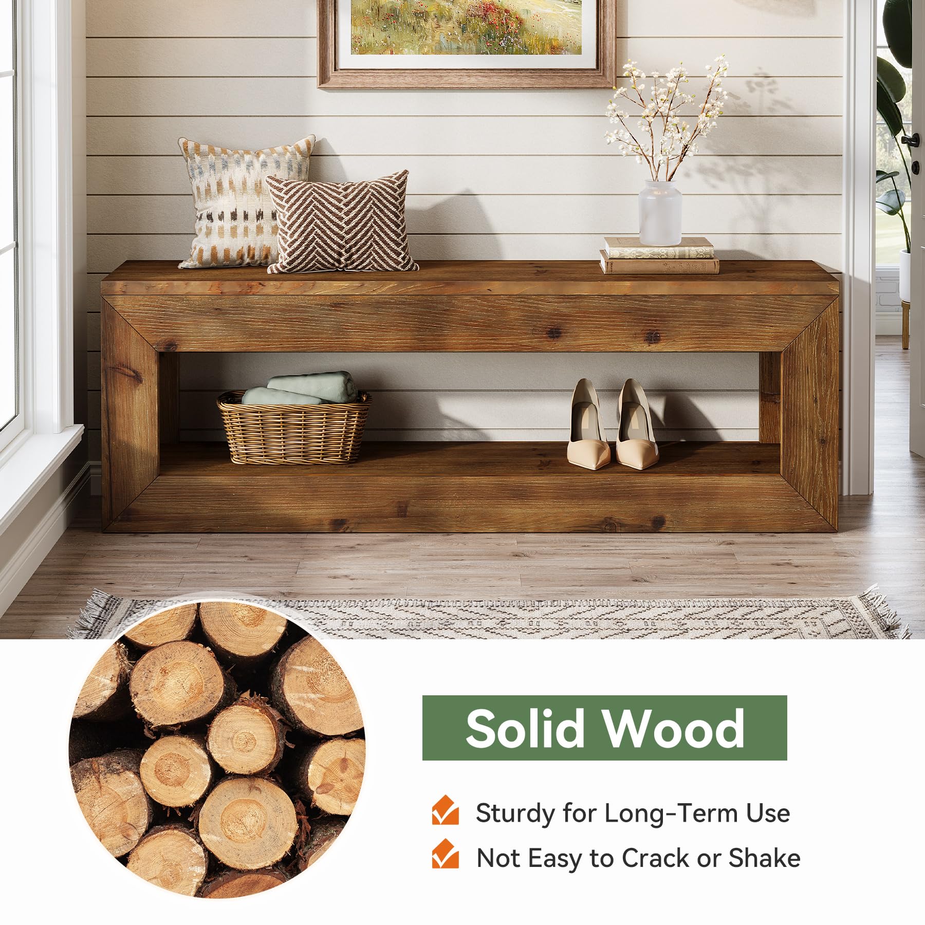 Solid Wood Entryway Bench, 47" Rustic Farmhouse Indoor Bench Seat with Storage Shelf for Entrance, Hallway, End of Bed
