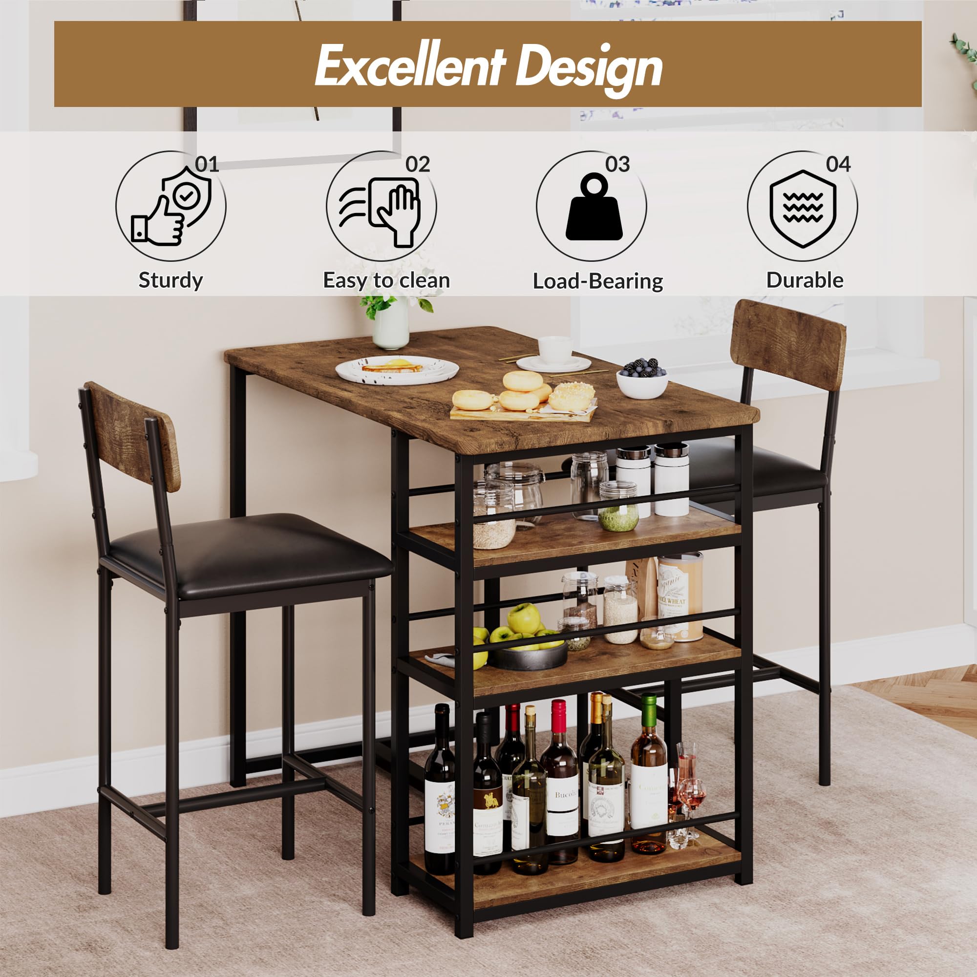 Juego de barra de desayuno compacta de 3 piezas para espacios pequeños, incluye mesa de almacenamiento y 2 taburetes de piel sintética con respaldo alto, acabado negro para cocinas modernas