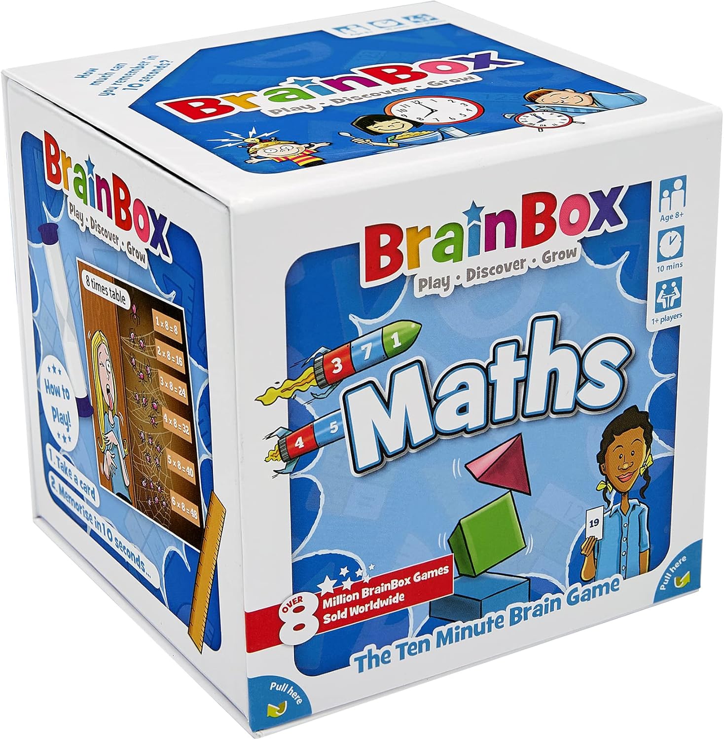 BrainBox Juego de cartas de matemáticas, juego de trivia, divertido juego para noche de juegos familiares, juego de memoria para niños y adultos, a partir de 8 años, 1 jugadores, tiempo de juego promedio de 10 minutos, fabricado por Green Board Games Colombia