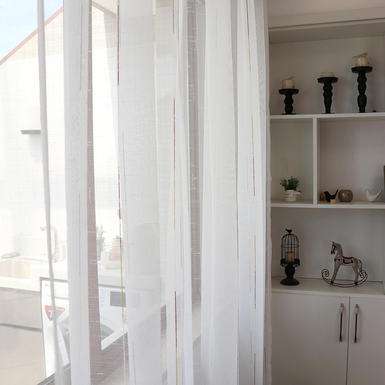 SLOW SOUL Set of 2 Panels Geometric Sheer Curtains White Beige Brown Striped Line Semi Sheer Embroidered Curtains & Drapes for Bedroom Living Room Rod Pocket 54W X 96L inch