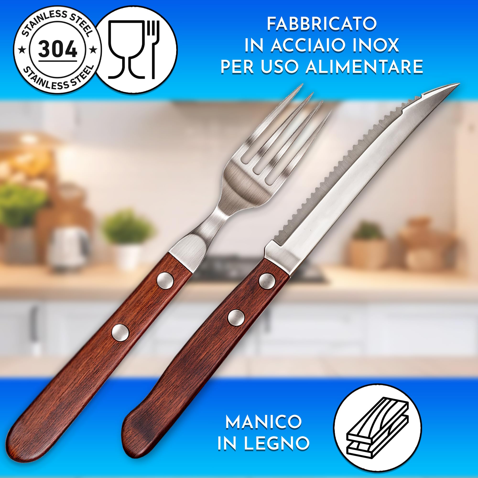 Posate da bistecca acciaio inox legno 12 pezzi con 6 coltelli da bistecca e 6 forchette da bistecca