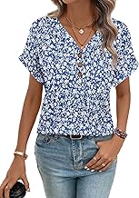 WNEEDU Tee Shirt Femme col V Été T-Shirt Manches Courtes Coupe Ample Haut Femme Henley Chemisier Top Décontracté avec Boutons