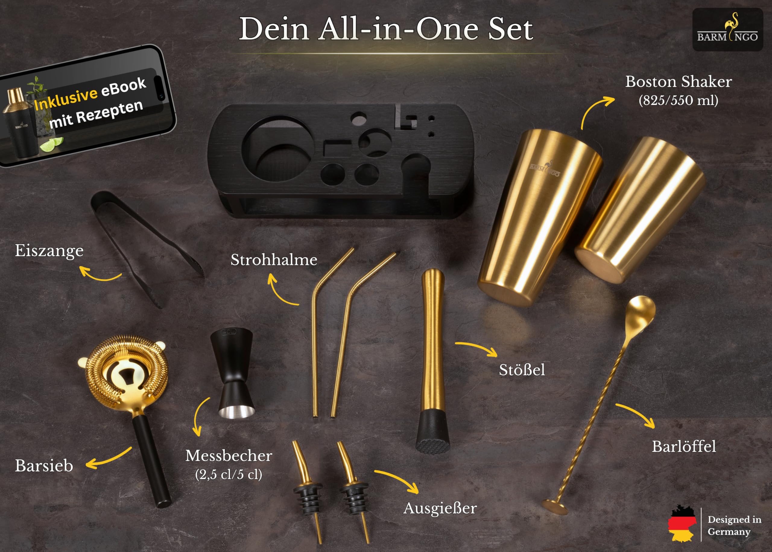 Set da cocktail in acciaio inox, 11 pezzi – 825 ml Boston Cocktail Shaker Set con supporto e accessori bar, set shaker da cocktail, set da bar | shaker Boston | nero oro