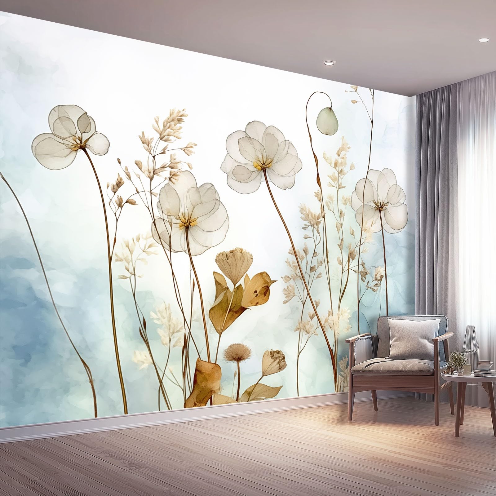 Vliestapete 350 x 256 cm für Wanddekoration - Aquarell Pflanzen Trockenblumen Tapeten für Wohnzimmer Kinderzimmer TV Hintergrund, Hellblau Modedesign Fototapete
