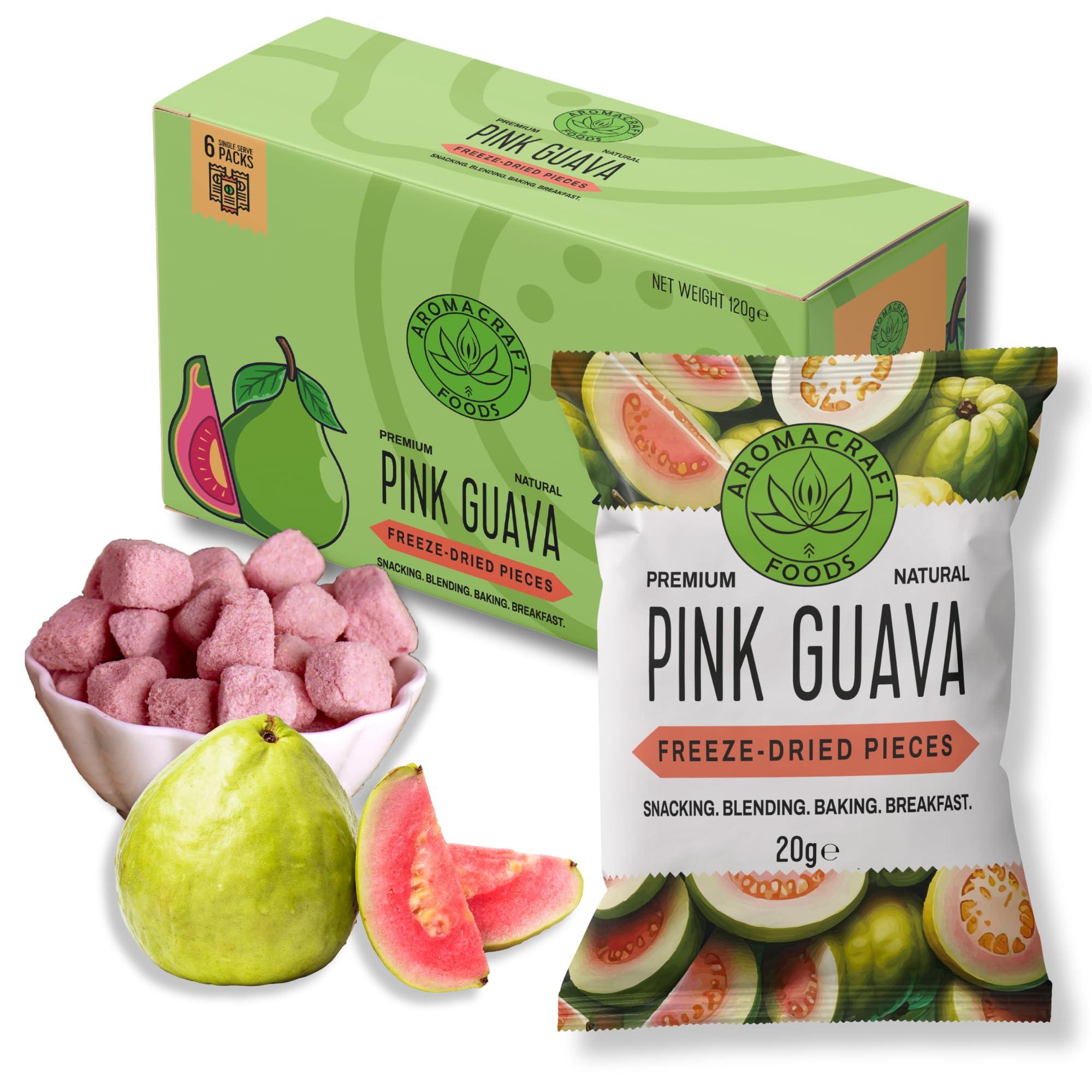 Aromacraft Freeze-Dried Pink Guava Pieces - Healthy 100% Fruit Snacks, Vegan, Gluten-Free, No Added Sugar, Preservative-Free, 6 Single-Use Bags β Perfect for Snacking, Breakfast, Blending, Smoothies