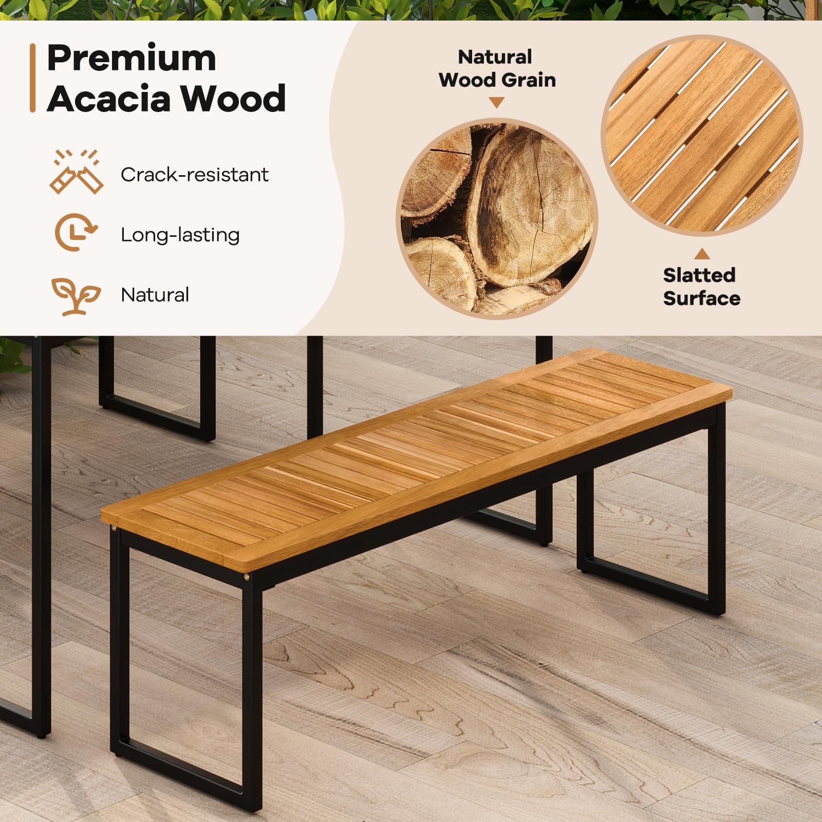 Tangkula Patio Dining Bench Set of 2, 2-3-person Backless Bench with Slatted Seat & Metal Legs, Indoor Outdoor Bench for Entryway, Front Porch, Garden, Poolside, Farmhouse Kitchen Dining Seat