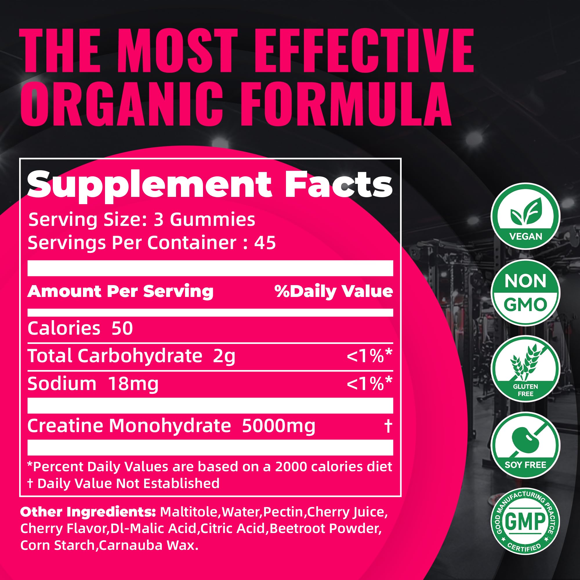 Natures Aid Creatine Monohydrate Gummies – Pre-Workout Energy & Muscle Growth Support for Men & Women | Cherry Electrolyte Gummies (135 Count) — Amazon image 3
