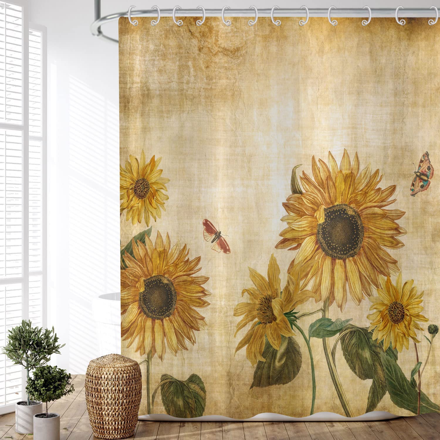 ASDCXZ Shower Curtain Flowers Vintage 150x180 cm, Retro Background Yellow Sunflower Motif Waterproof Textile Bath Shower Curtains Washable Fabric Shower Curtain for Bathtub with 10 Hooks — image 1
